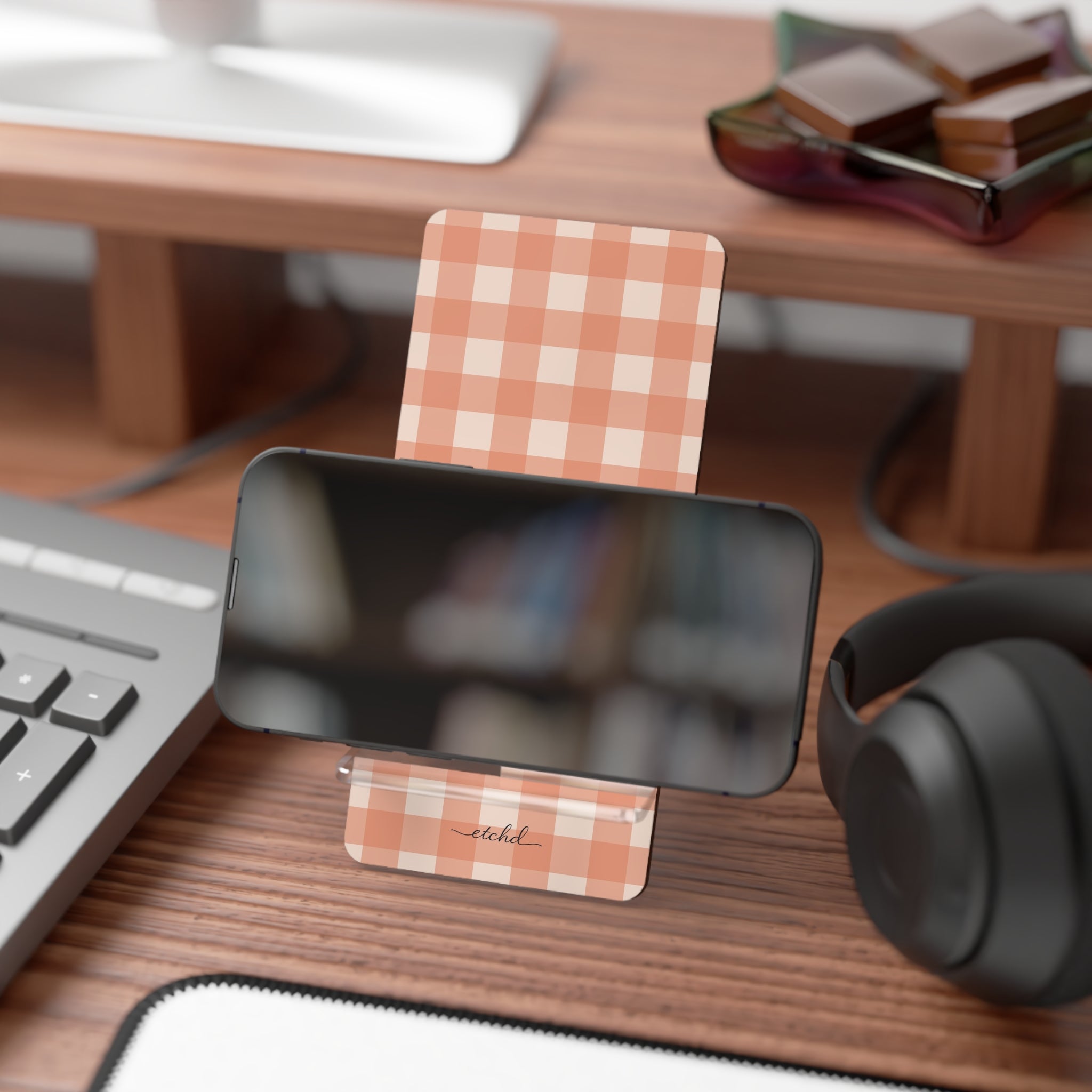 Coral & Cream Gingham Phone Stand by etchd, view 4