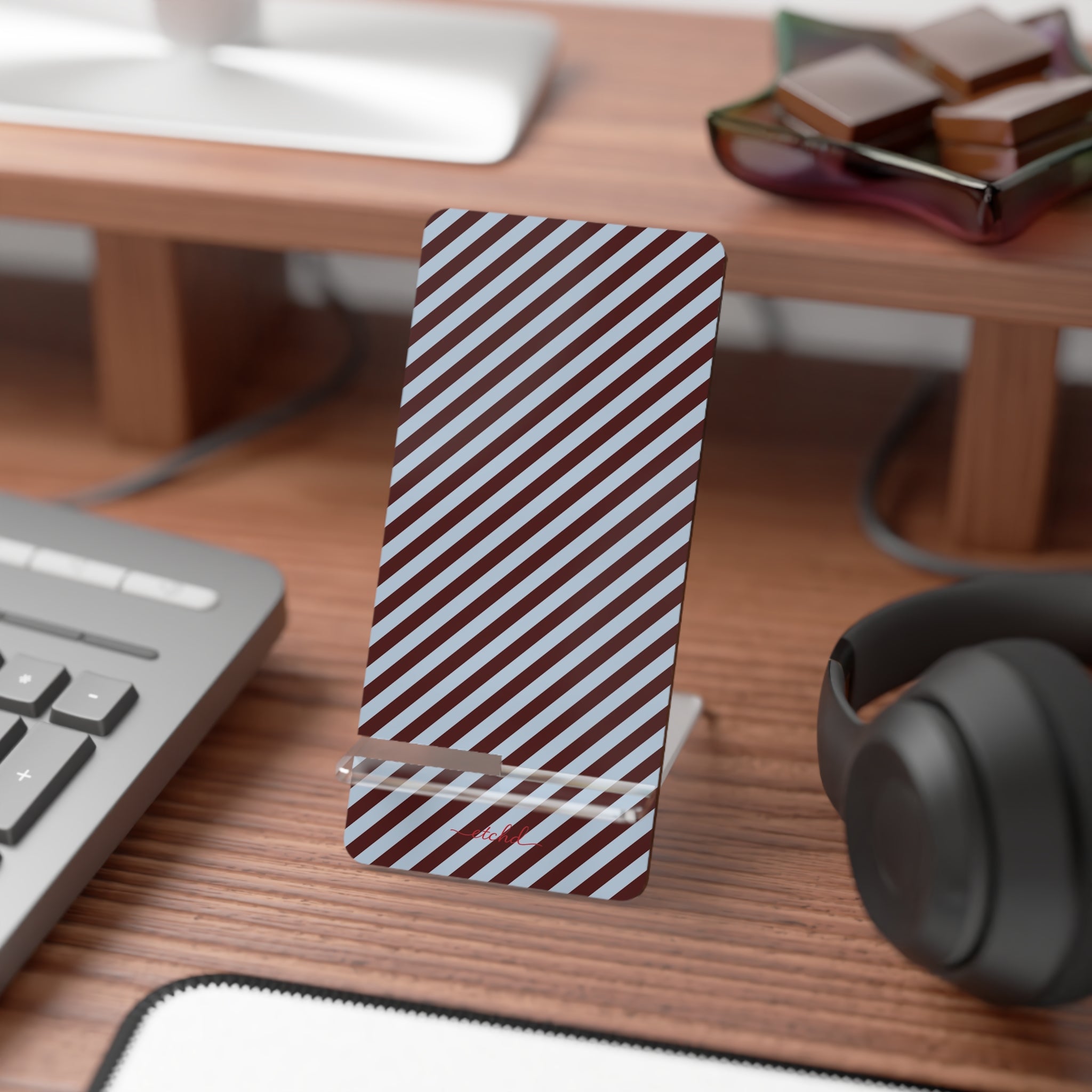 Blue & Cherry Striped Diagonal Phone Stand by etchd, view 3