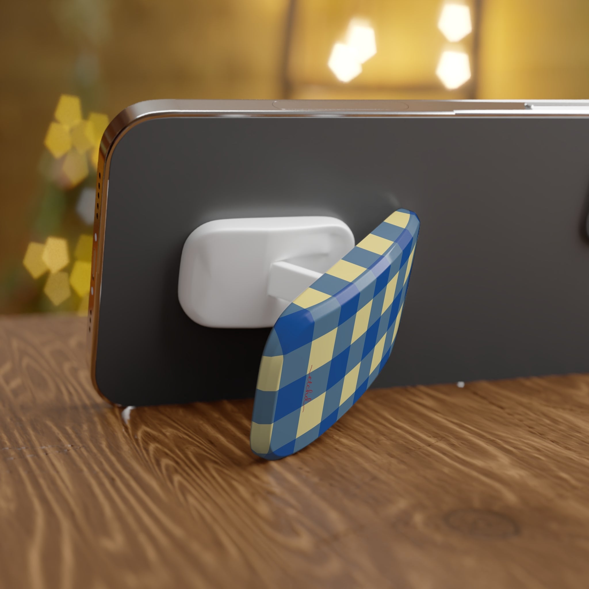 Butter & Cobalt Gingham Click-On Phone Grip by etchd, view 4