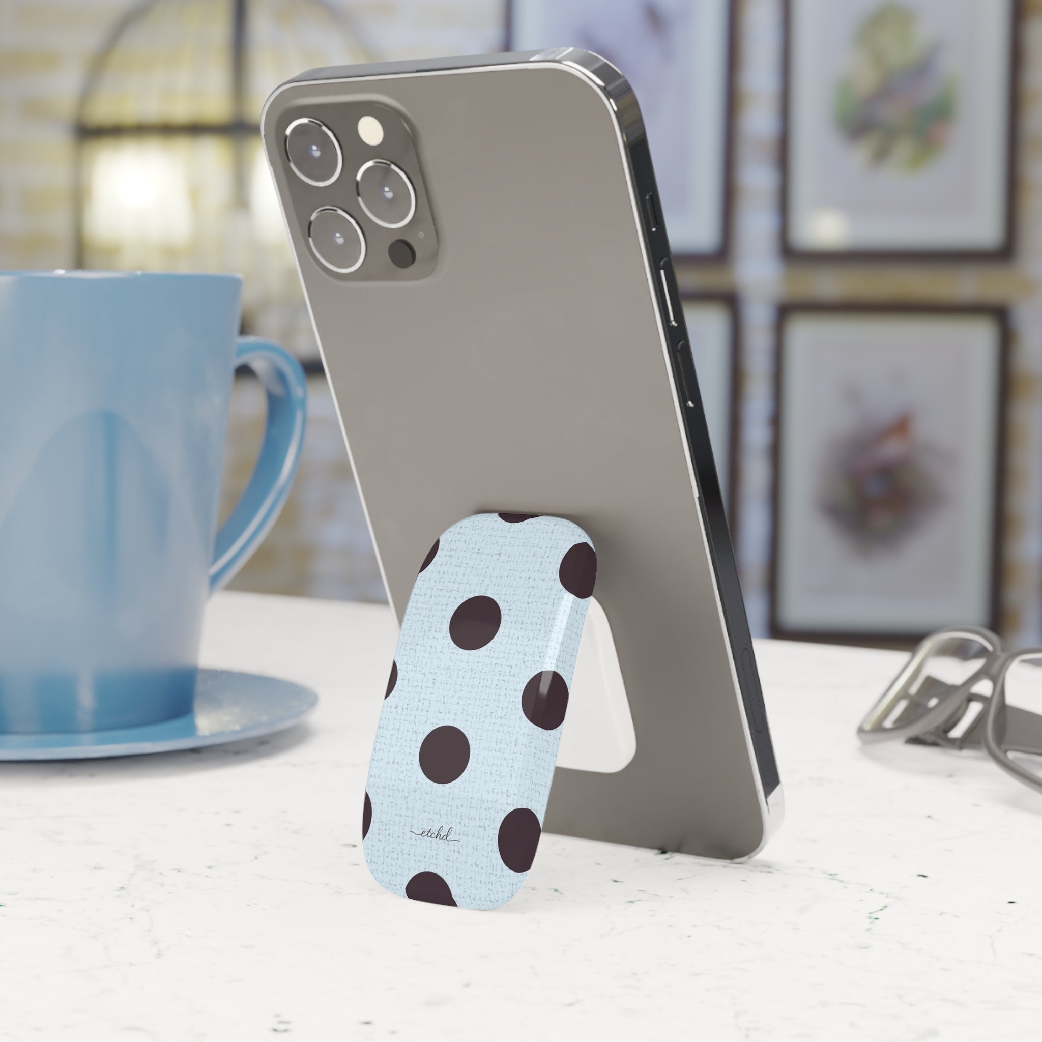 Plum And Blue Polka Dot Click-On Phone Grip by etchd, view 3