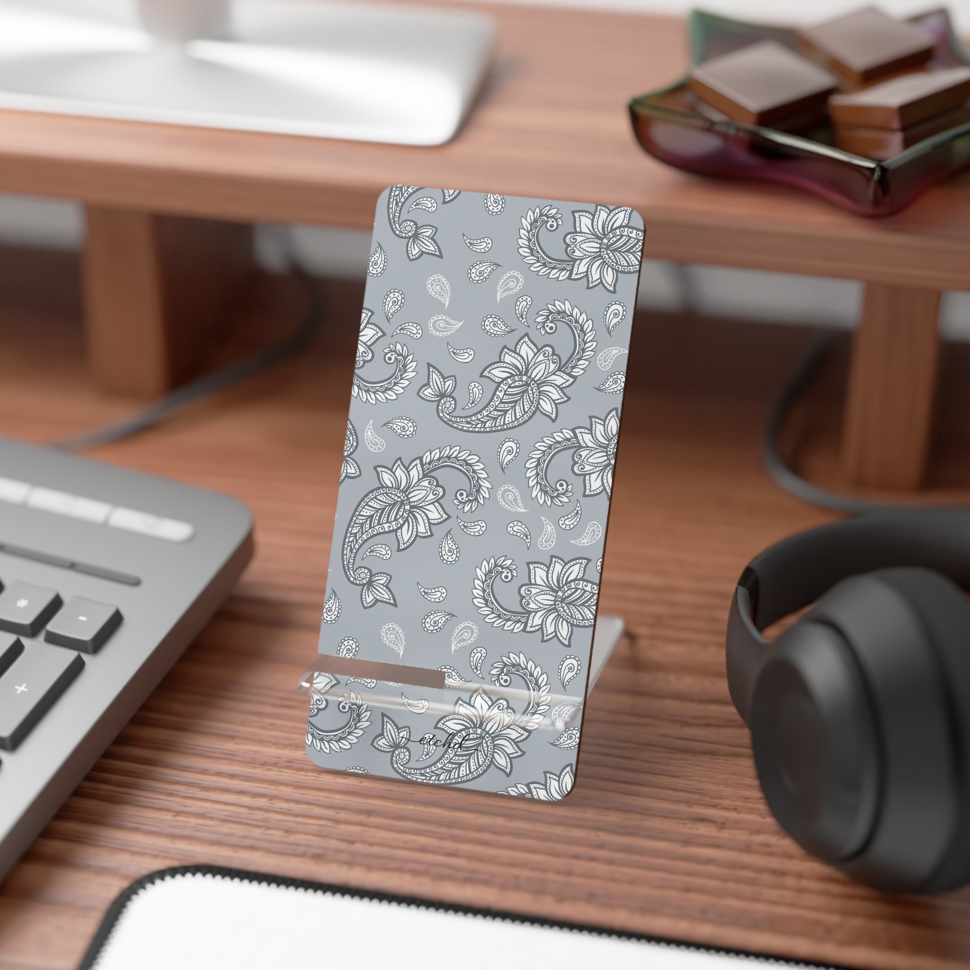 Dusty Blue Paisley Phone Stand by etchd, view 3
