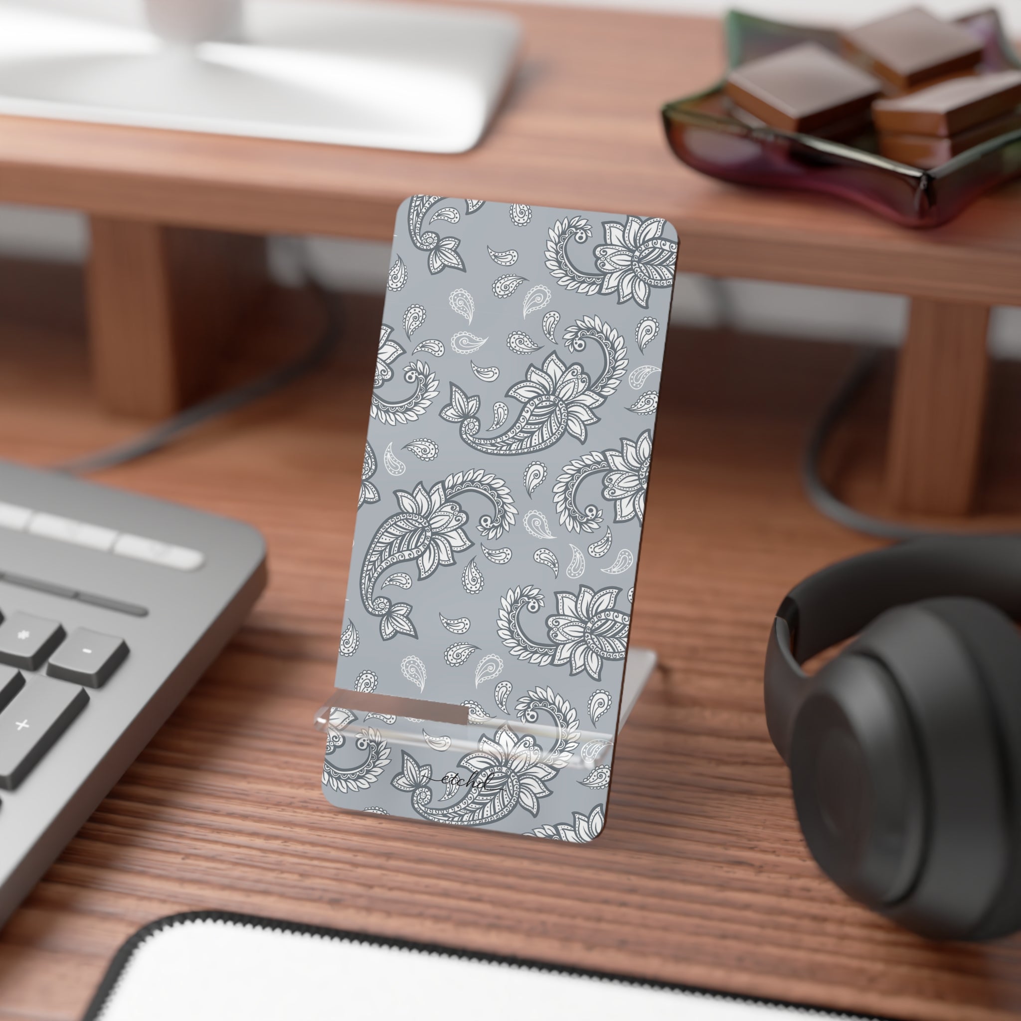 Dusty Blue Paisley Phone Stand by etchd, view 3