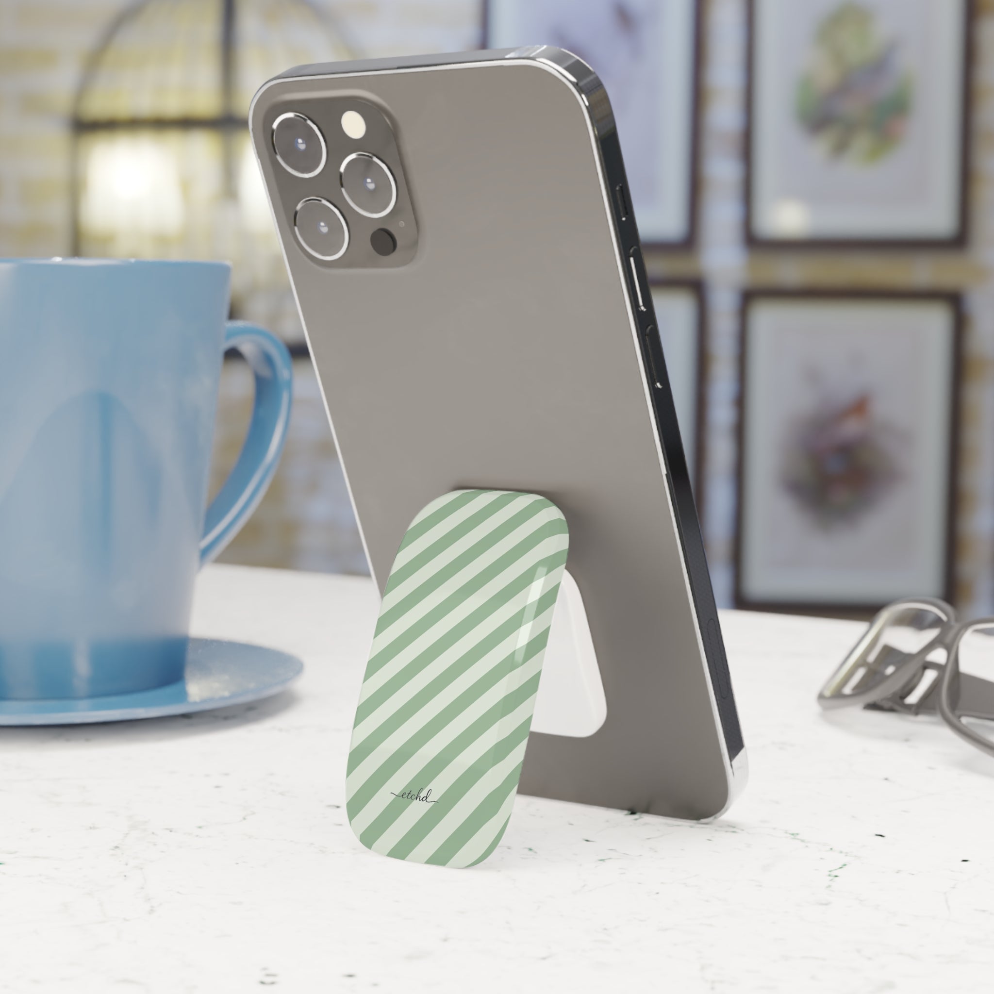 Sage & Cream Striped Diagonal Click-On Phone Grip by etchd, view 3