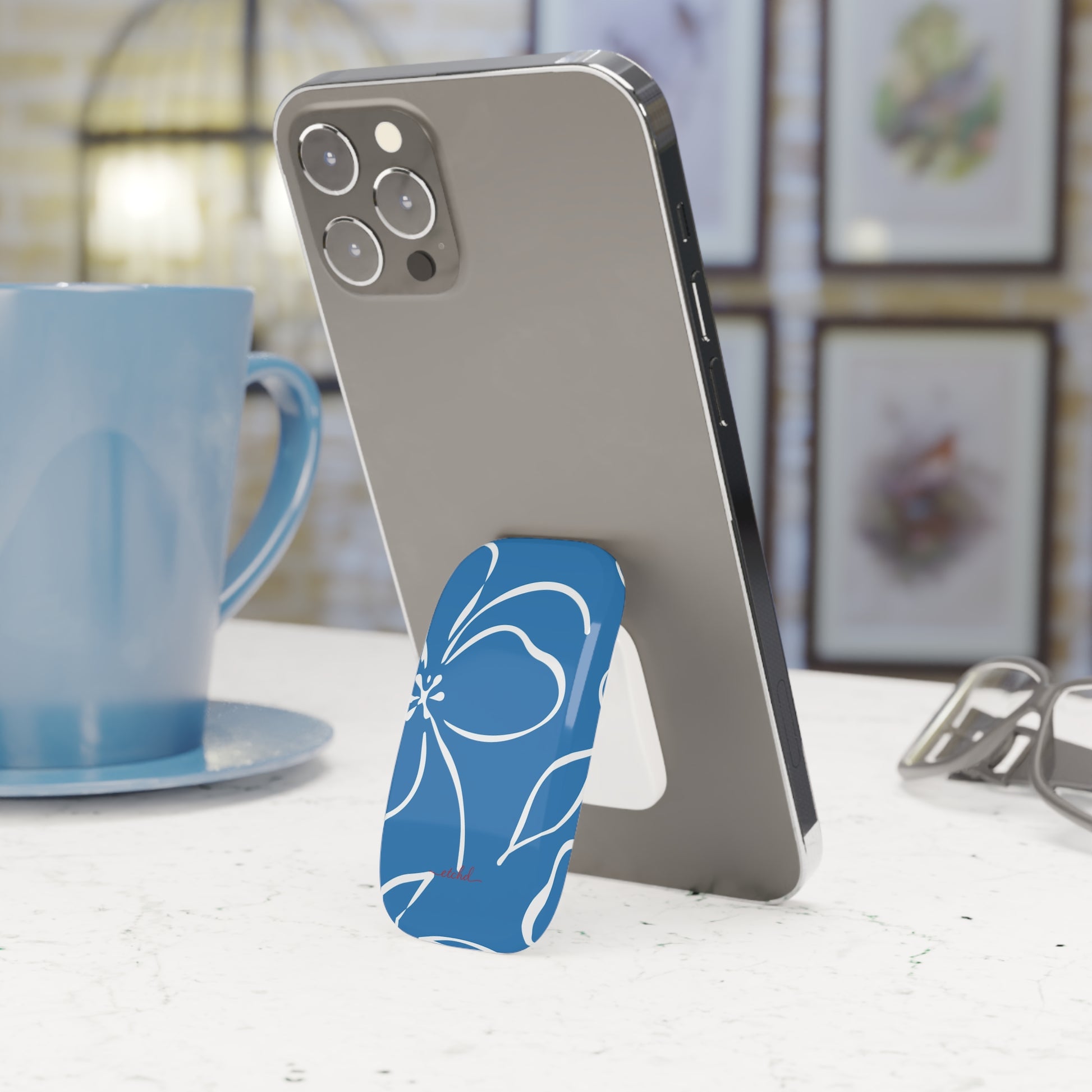 Cerulean & White Floral Click-On Phone Grip by etchd, view 3