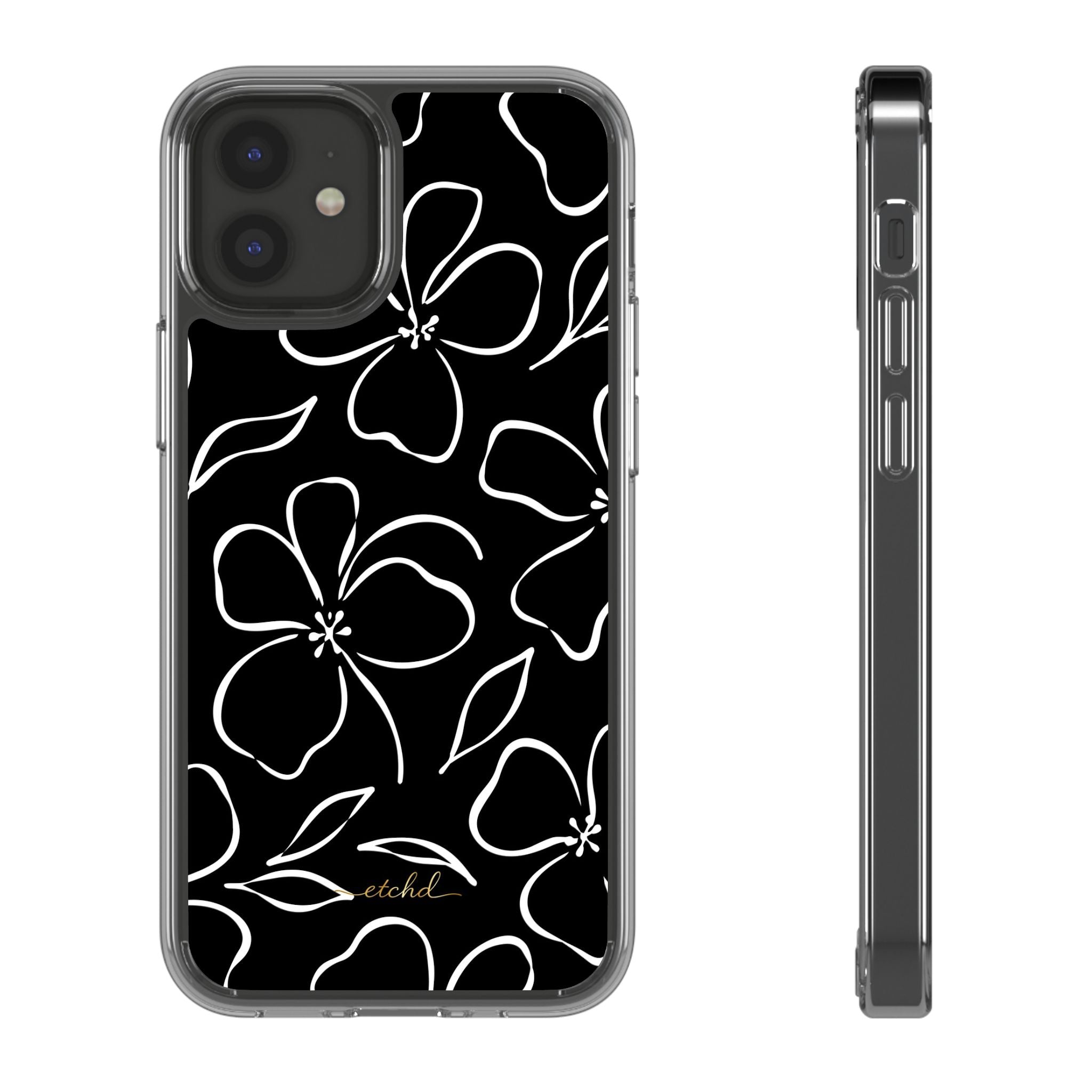 Black & White Floral Funda transparente para móvil de etchd, vista 2