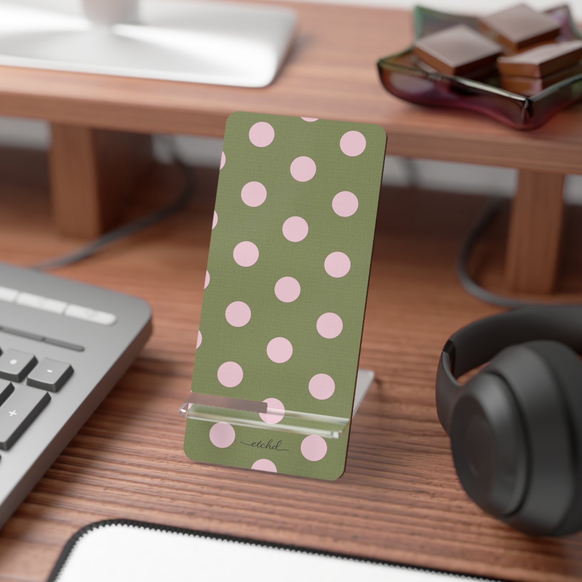 Pink And Green Polka Dot Phone Stand by etchd, view 3