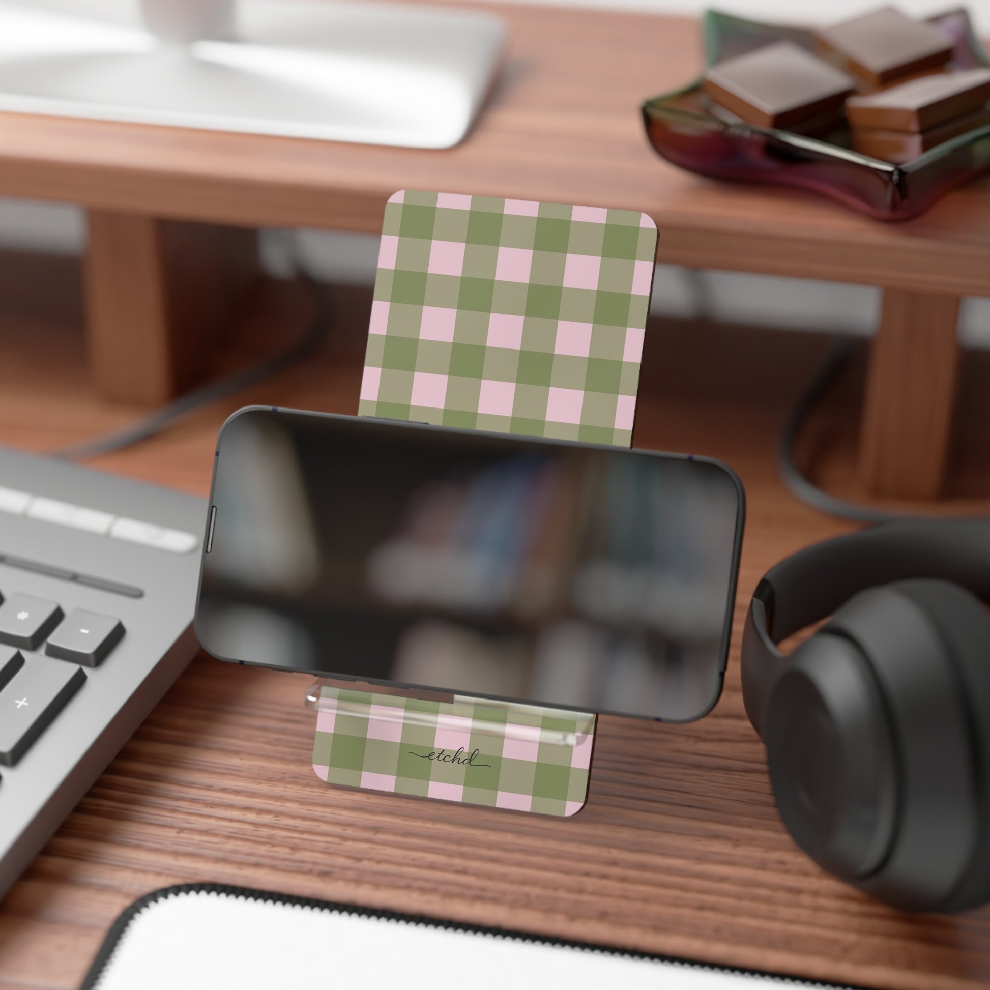 Green & Pink Gingham Phone Stand by etchd, view 4