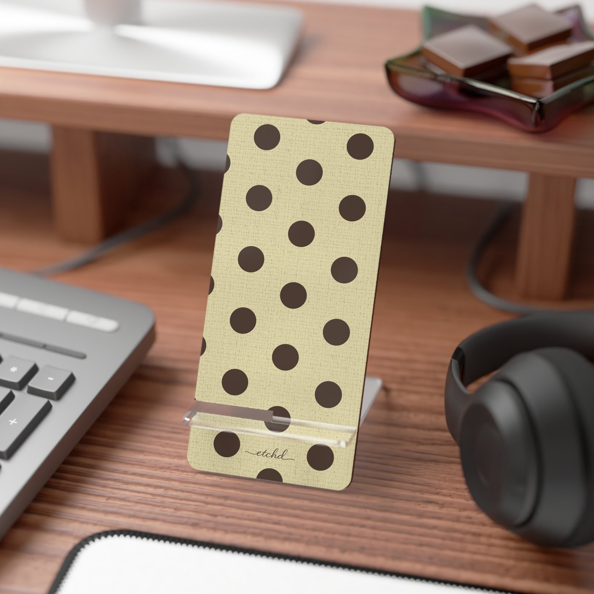 Butter Yellow And Brown Polka Dot Phone Stand by etchd, view 3