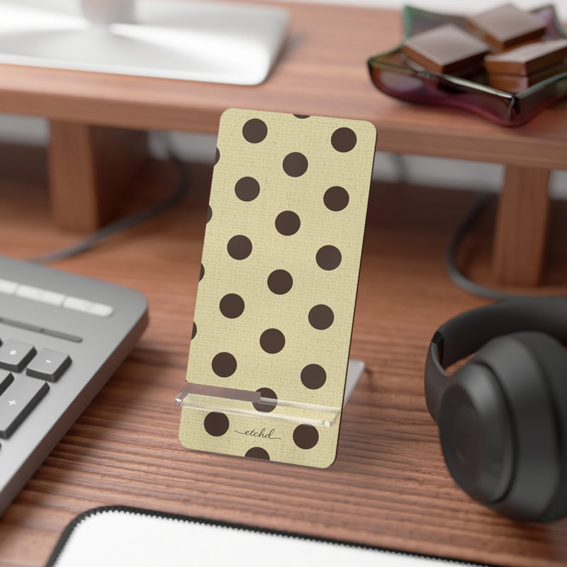 Butter Yellow And Brown Polka Dot Phone Stand by etchd, view 3