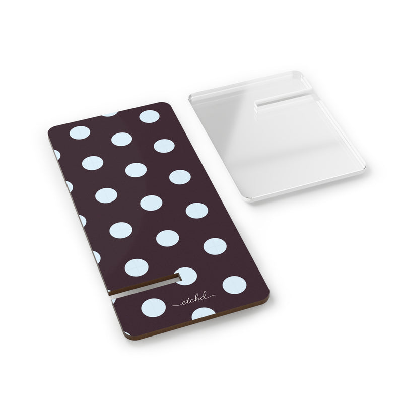 Blue And Plum Polka Dot Phone Stand by etchd, view 2