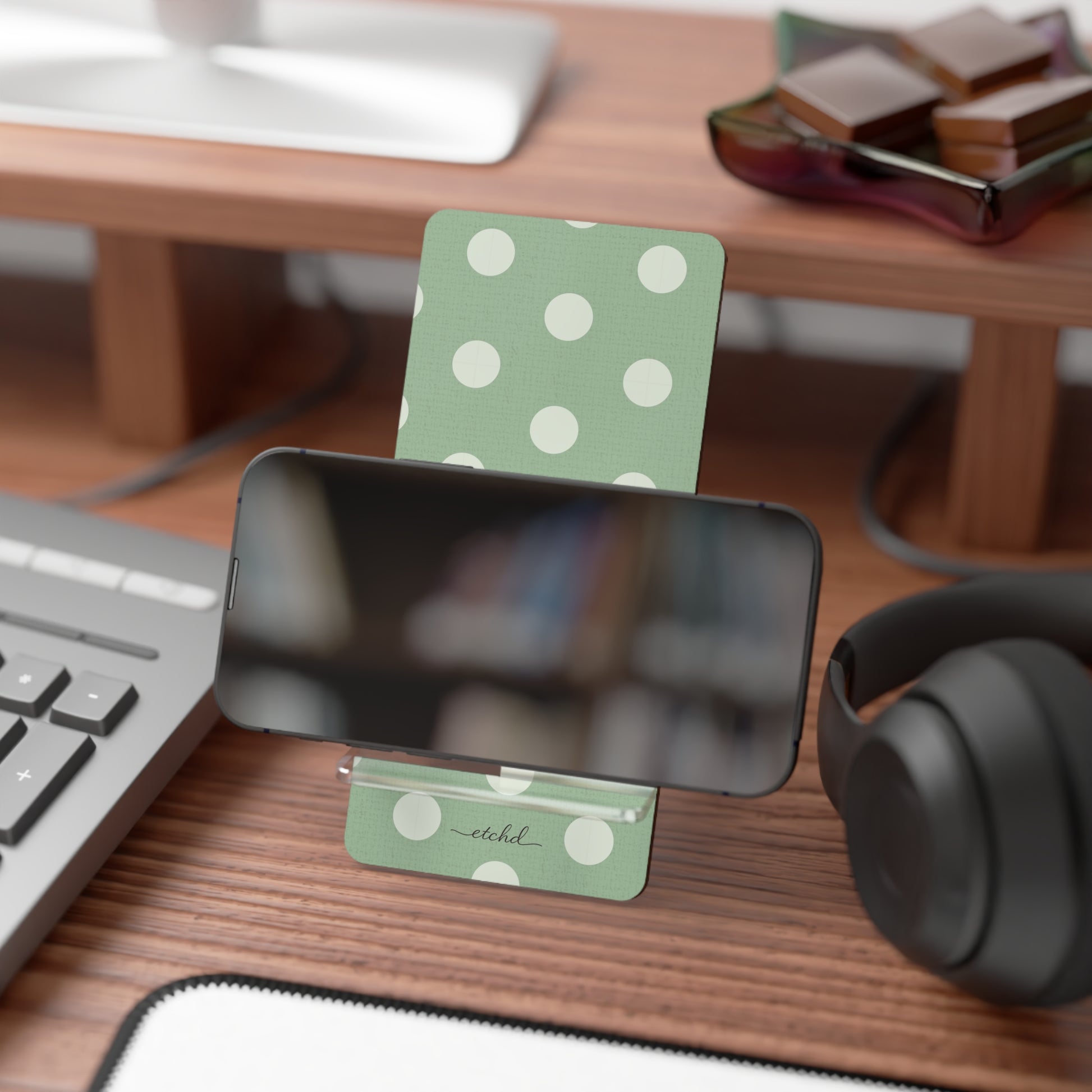 Cream & Sage Polka Dot Phone Stand by etchd, view 4