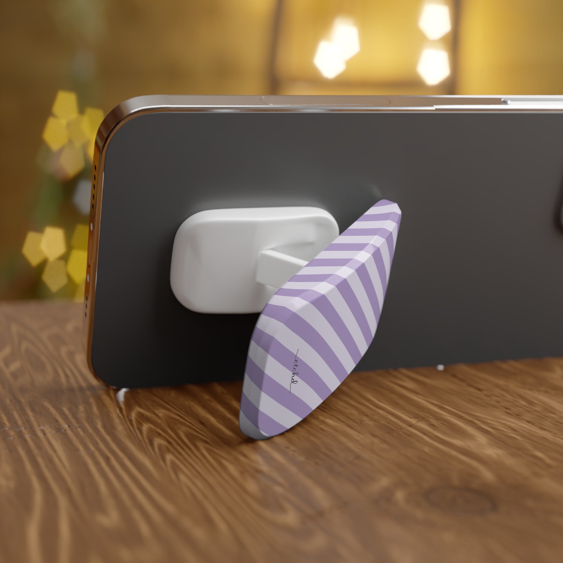 Lilac & Cream Striped Diagonal Click-On Phone Grip by etchd, view 4