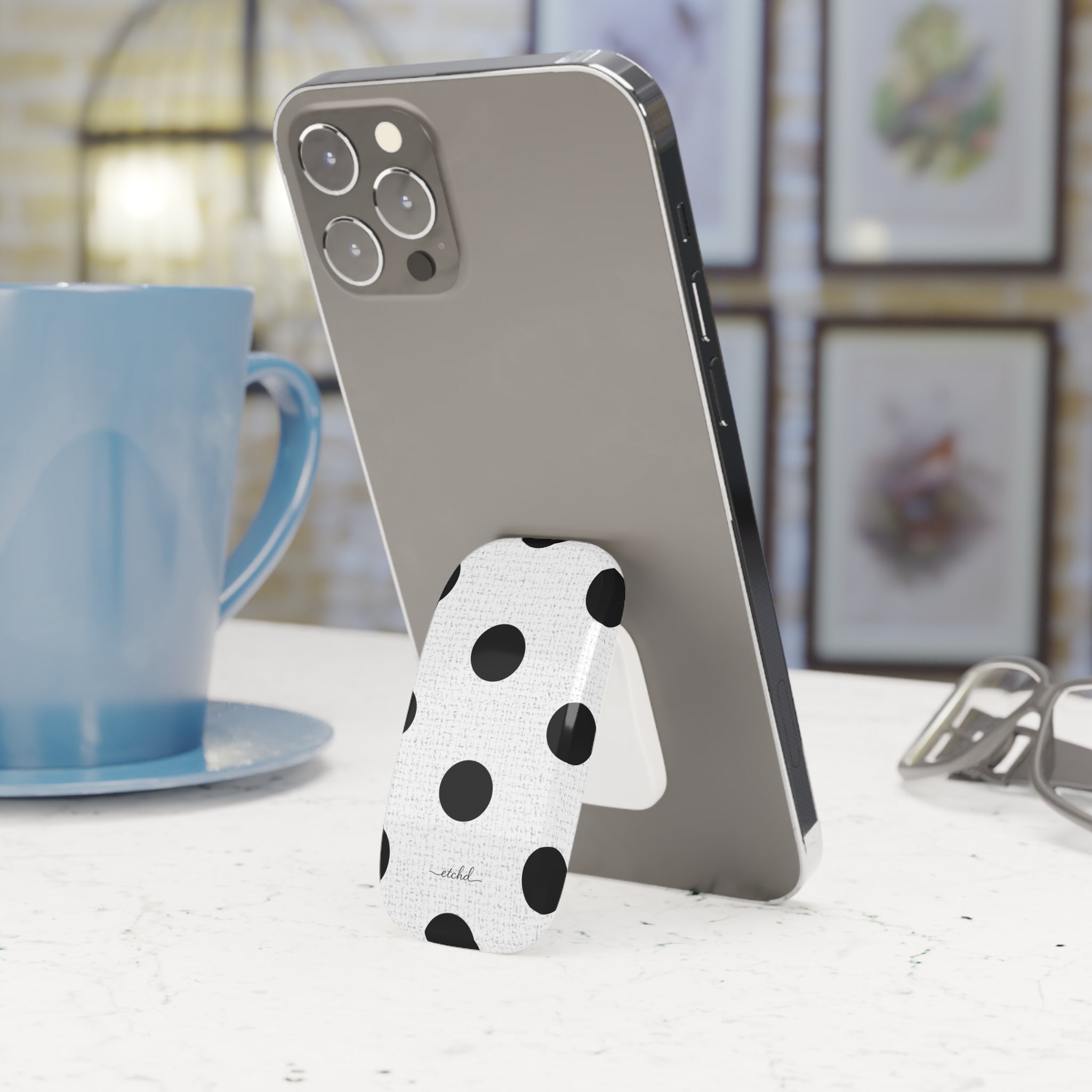 Black & White Polka Dot Click-On Phone Grip by etchd, view 2
