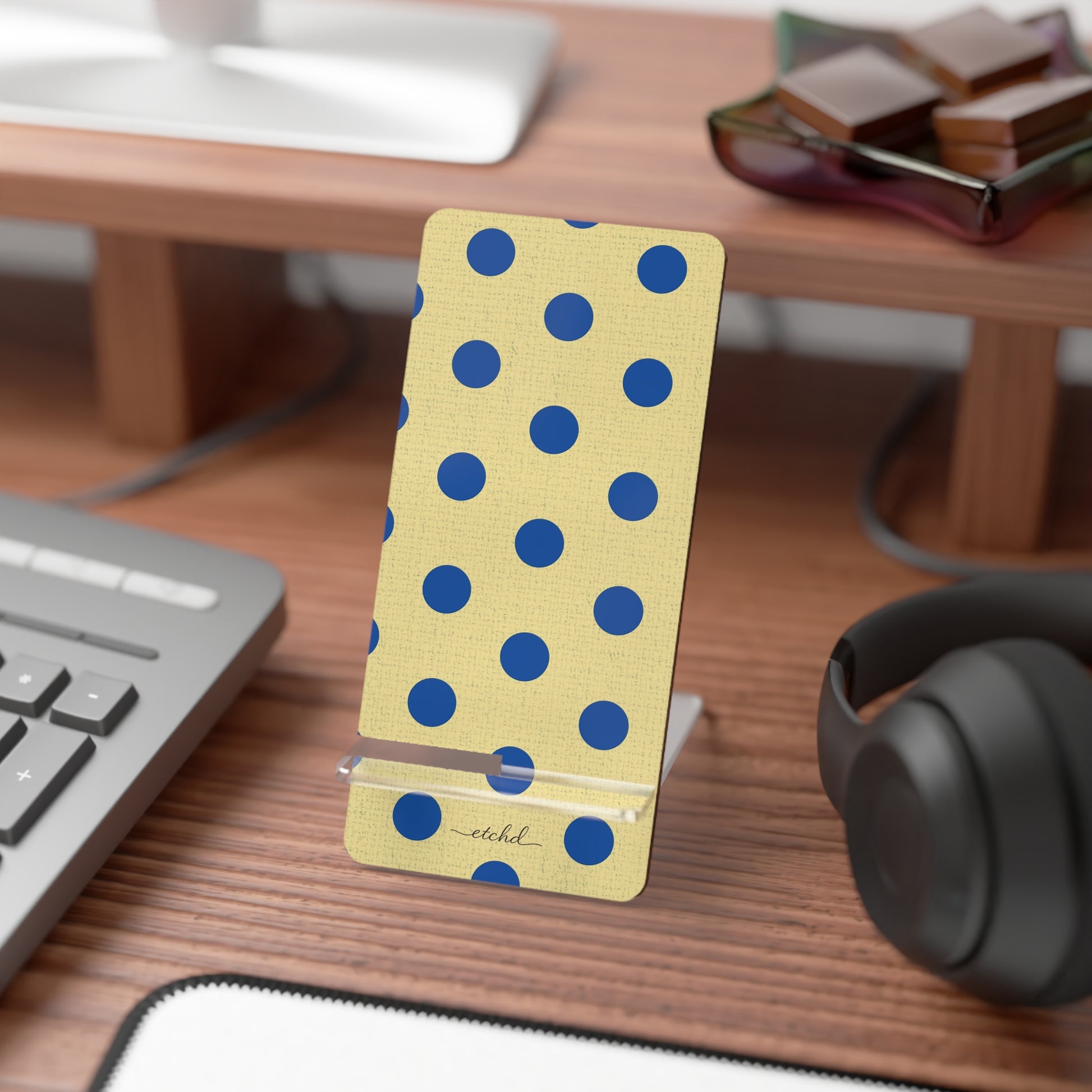 Cobalt And Butter Polka Dot Phone Stand by etchd, view 3