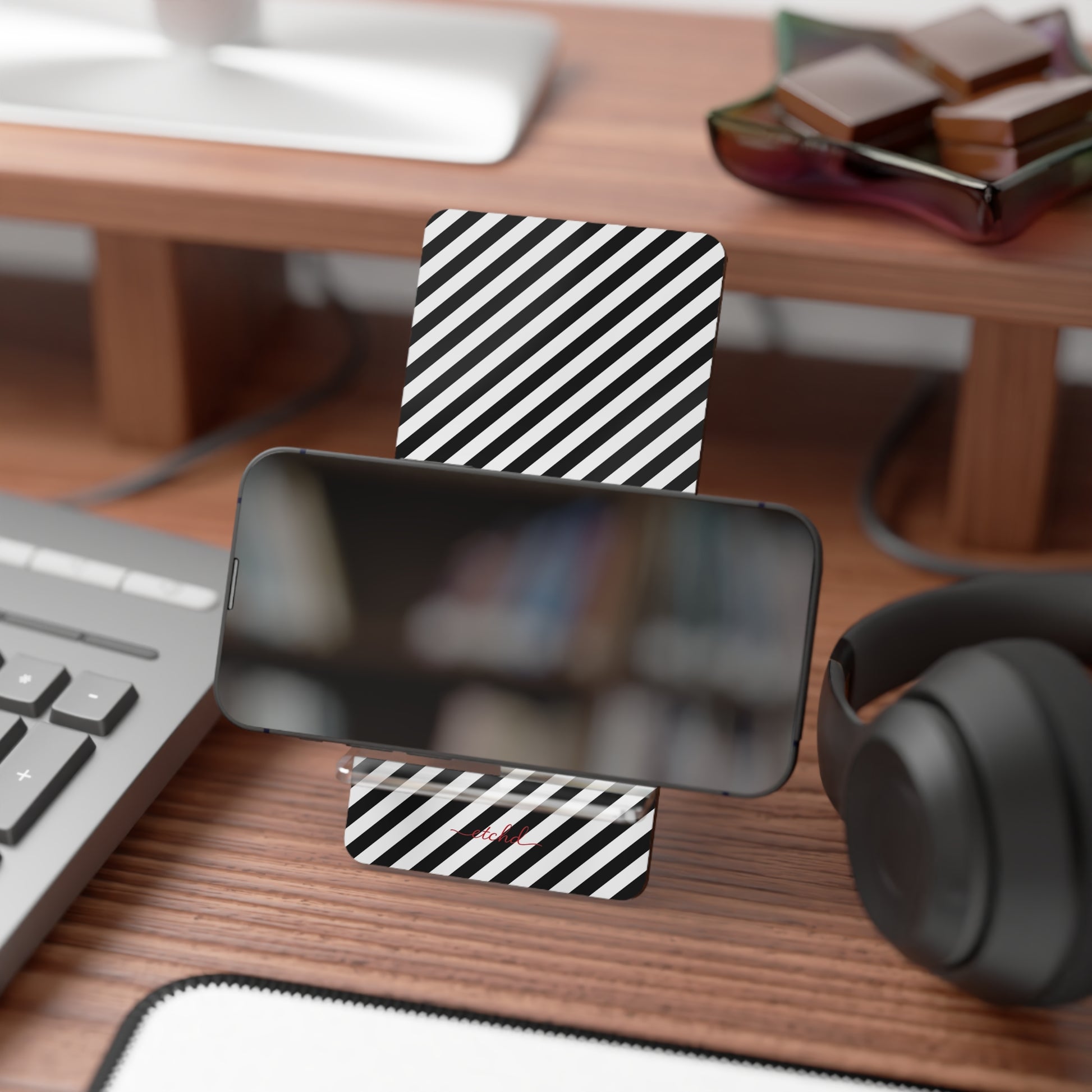 Black & White Striped Diagonal Phone Stand by etchd, view 4