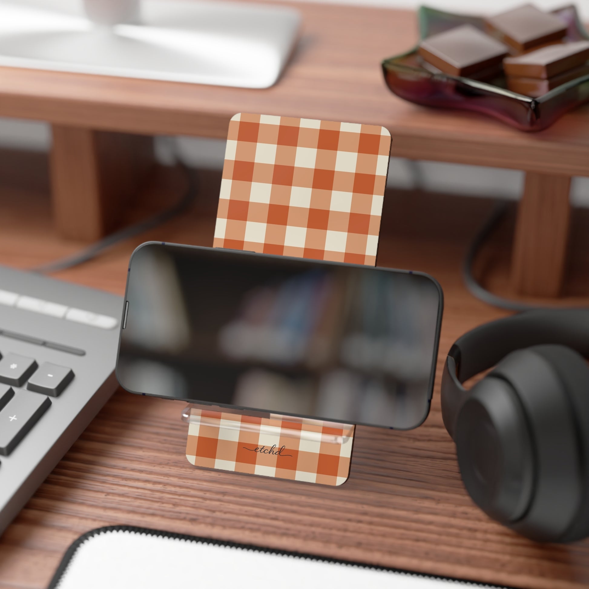 Terracotta Gingham Phone Stand by etchd, view 4