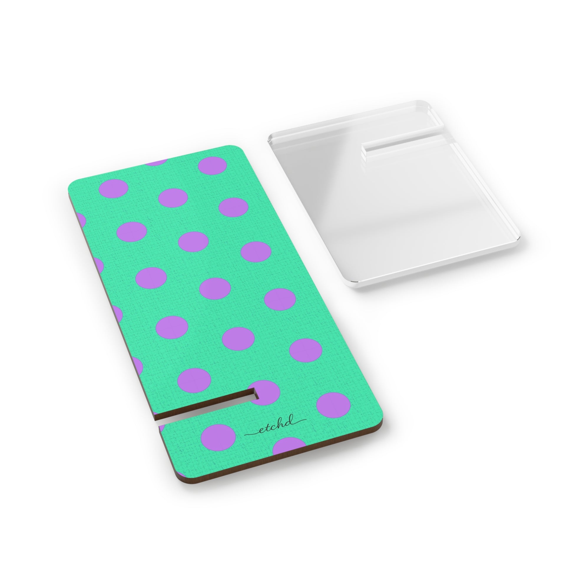 Lilac And Hypermint Polka Dot Phone Stand by etchd, view 2