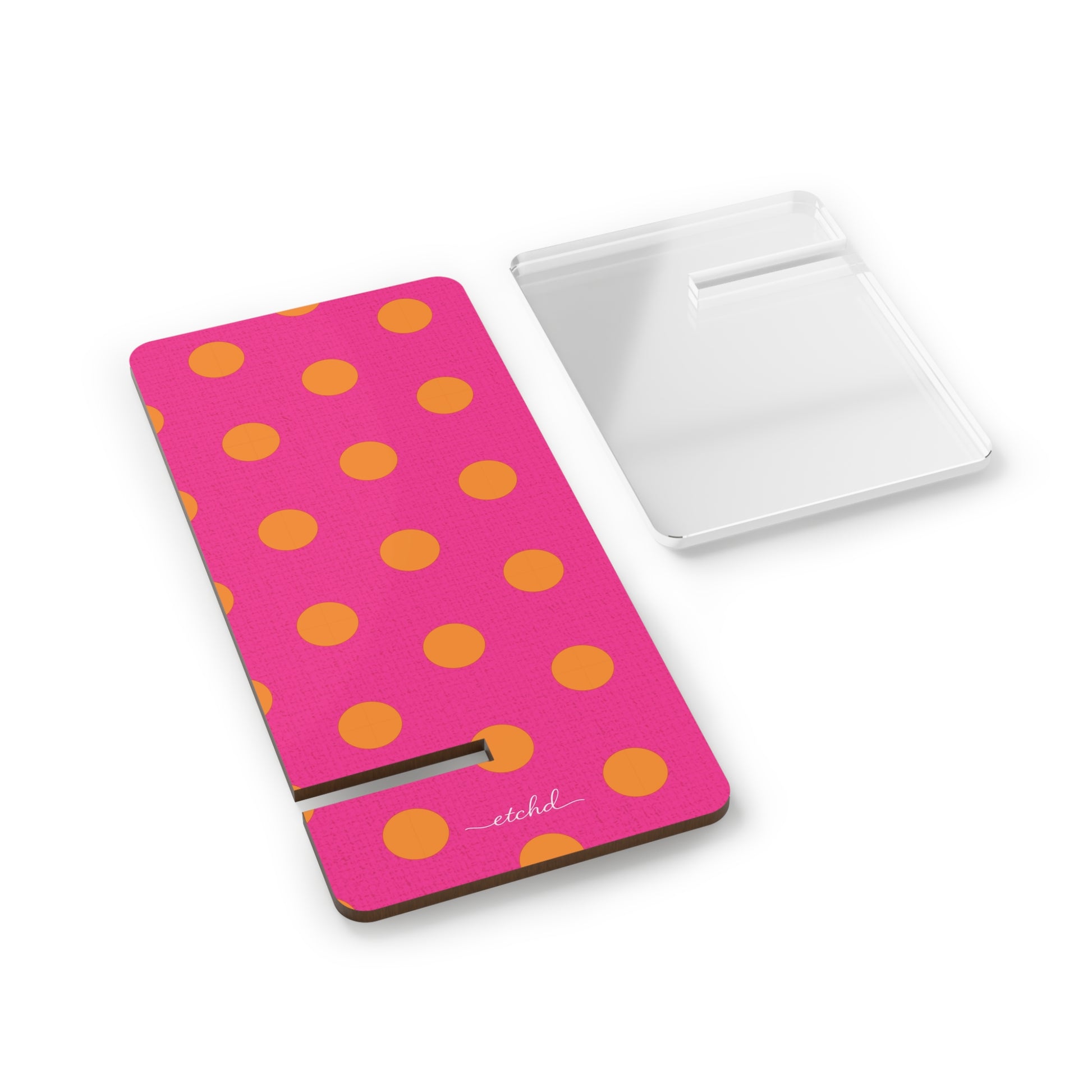 Orange And Pink Polka Dot Phone Stand by etchd, view 2