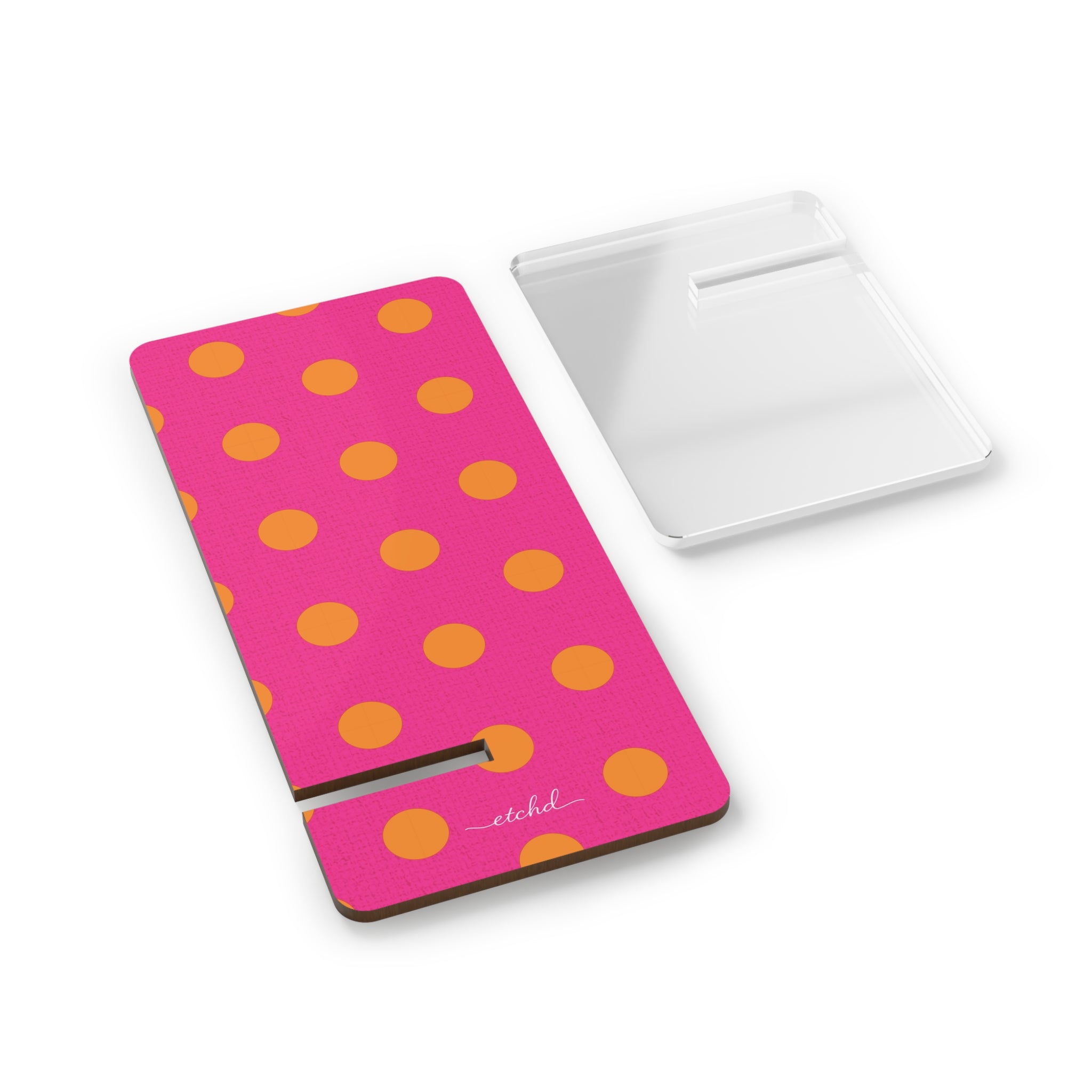 Orange And Pink Polka Dot Phone Stand by etchd, view 2