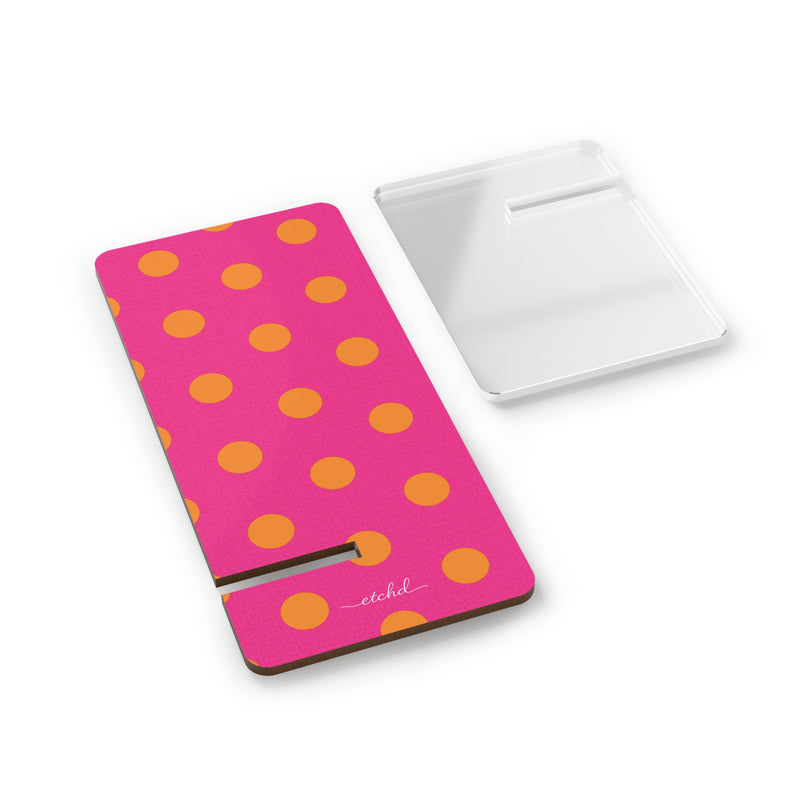 Orange And Pink Polka Dot Phone Stand by etchd, view 2