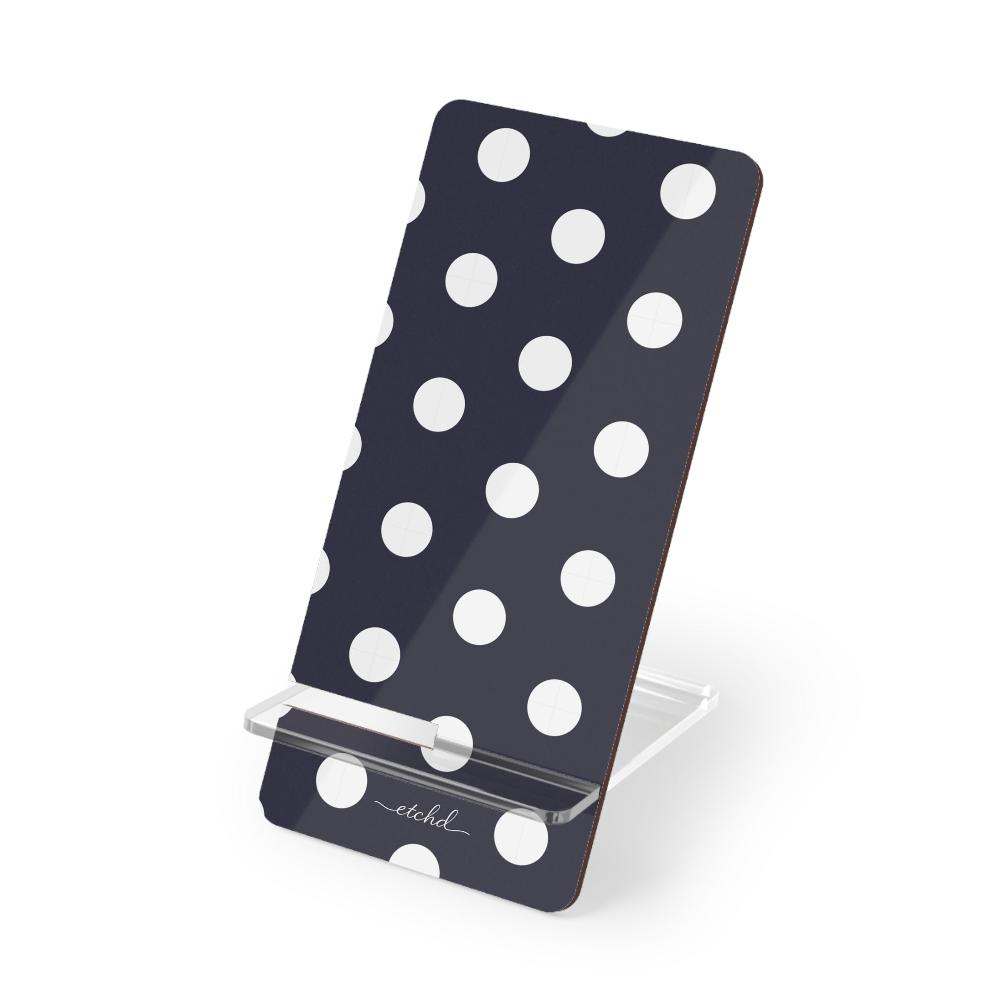 White And Navy Polka Dot Phone Stand by etchd