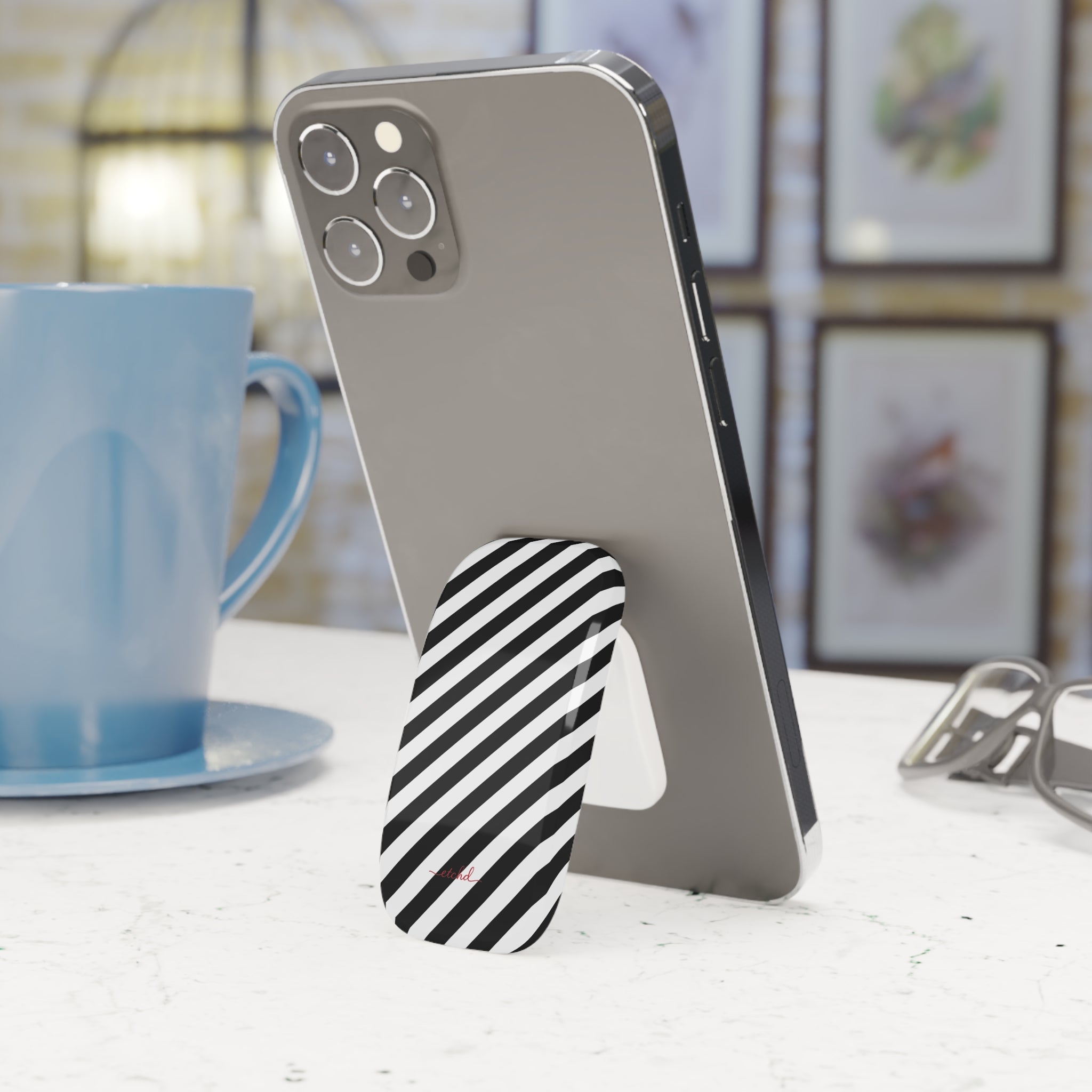 Black & White Striped Diagonal Click-On Phone Grip by etchd, view 3
