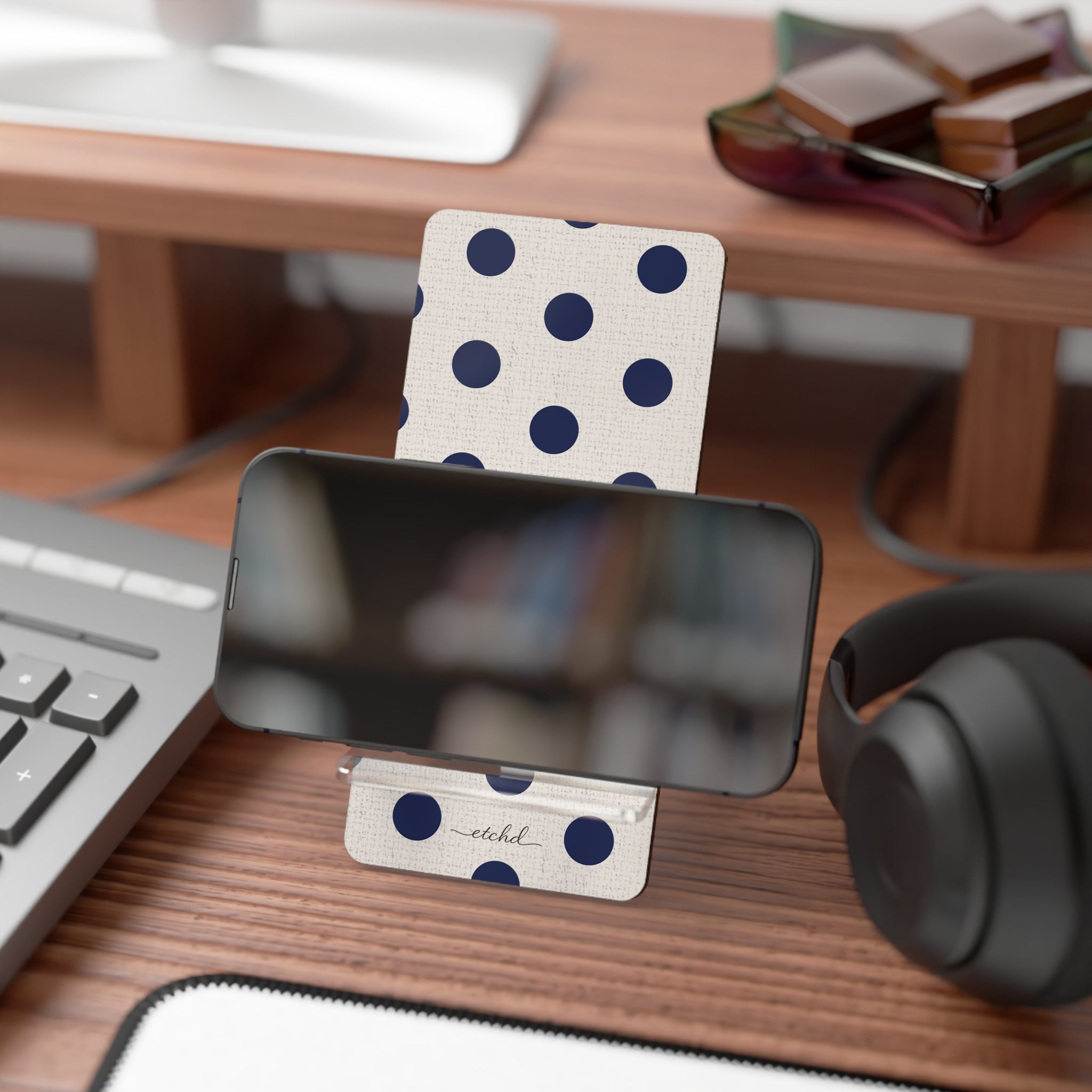 Navy & Cream Polka Dot Phone Stand by etchd, view 4