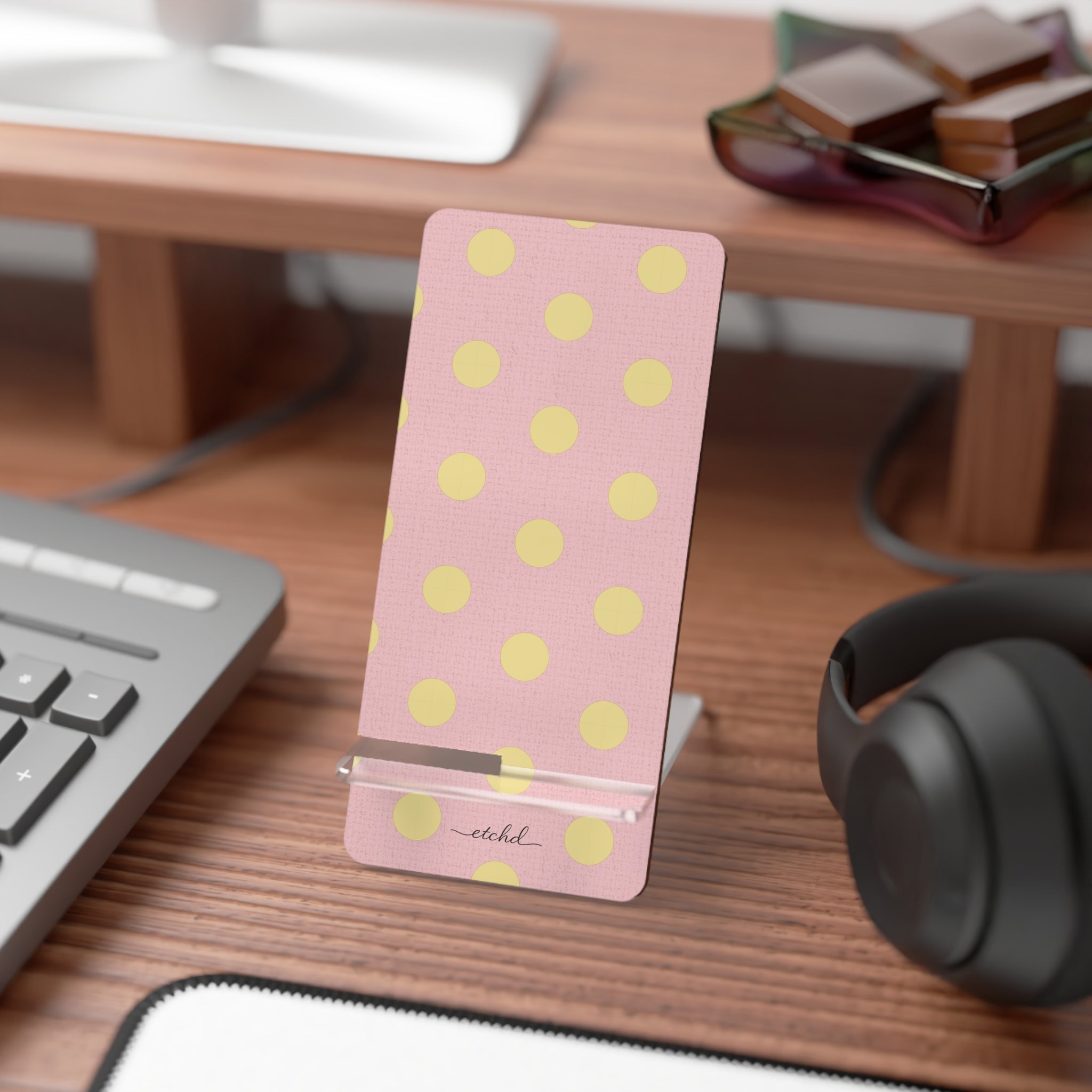 Butter And Pink Polka Dot Phone Stand by etchd, view 3