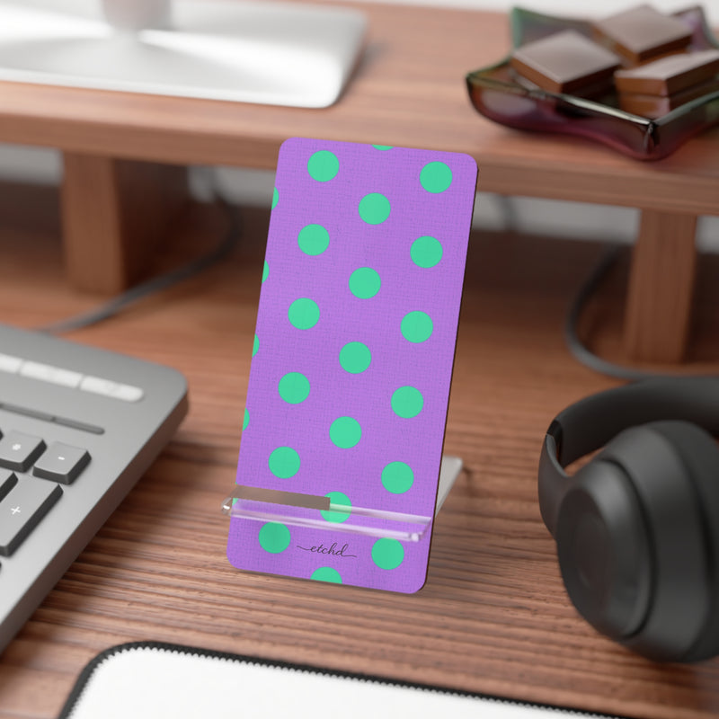 Hypermint And Lilac Polka Dot Phone Stand by etchd, view 3