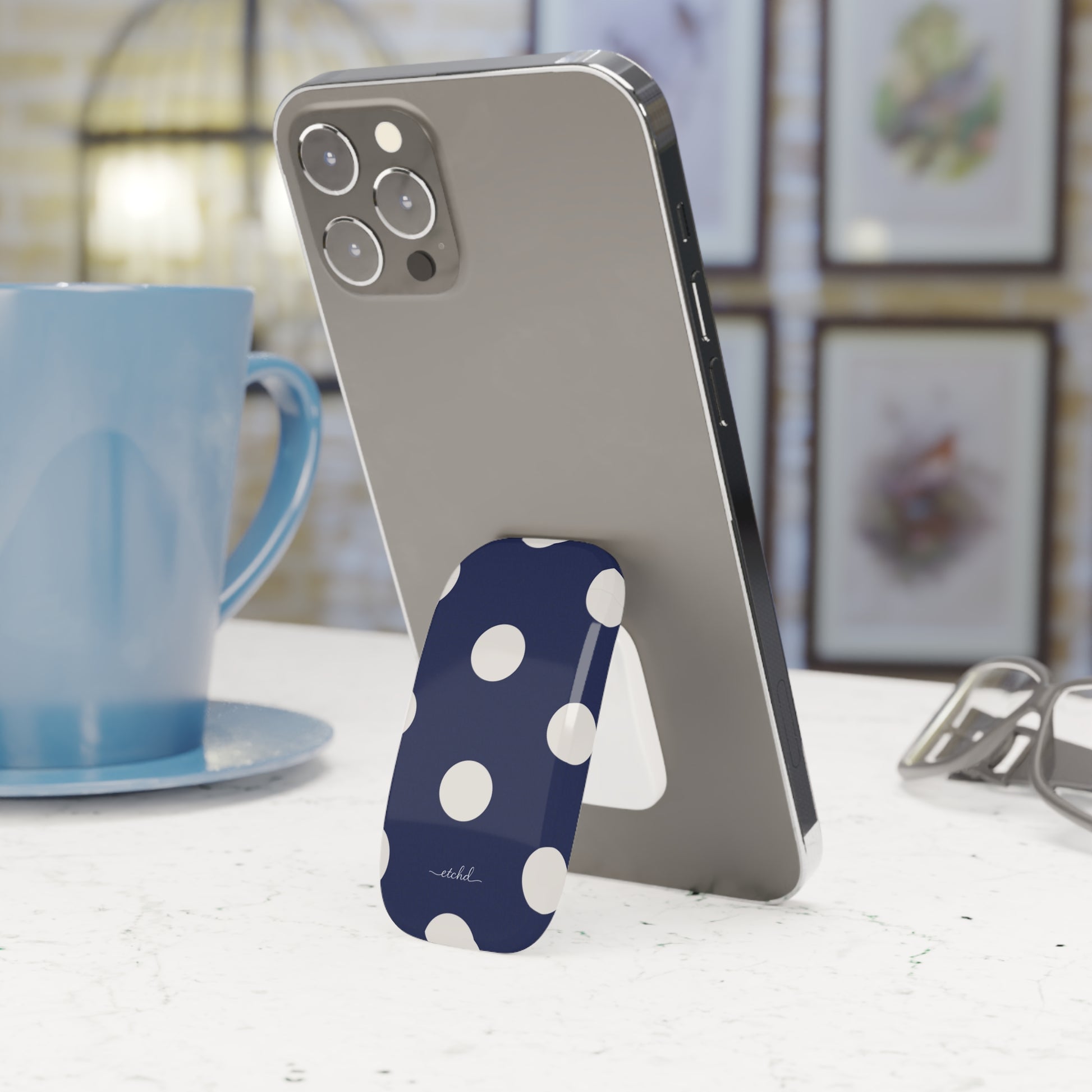 Cream & Navy Polka Dot Click-On Phone Grip by etchd, view 3