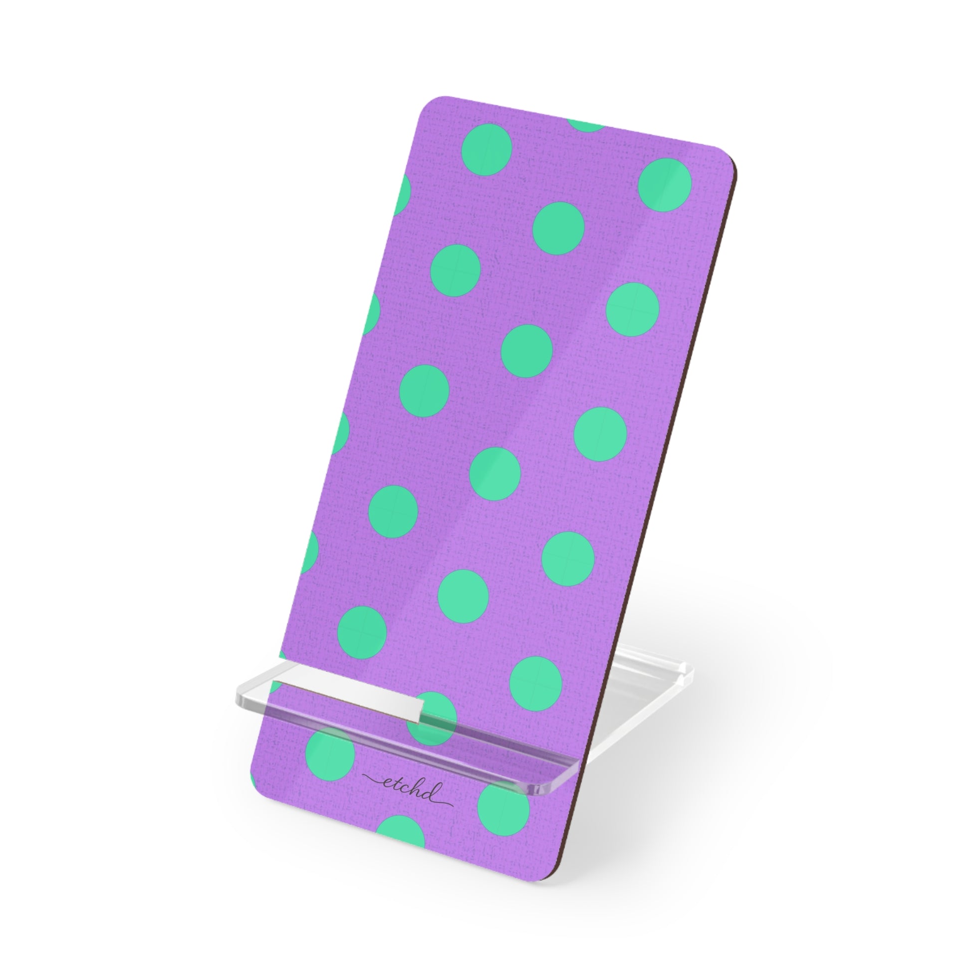 Hypermint And Lilac Polka Dot Phone Stand by etchd