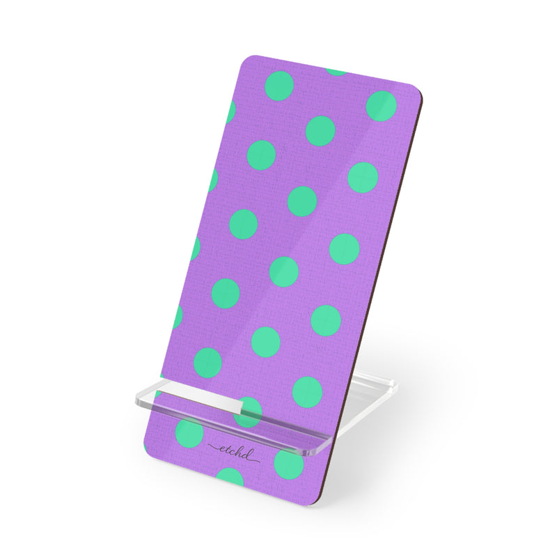 Hypermint And Lilac Polka Dot Phone Stand by etchd