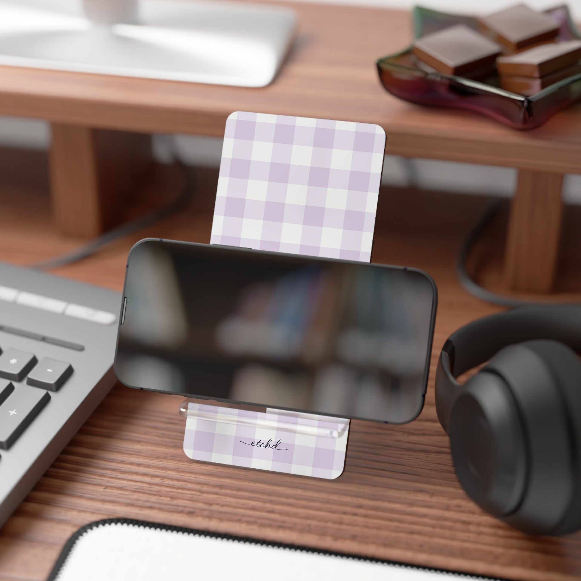 Lilac Gingham Phone Stand by etchd, view 4