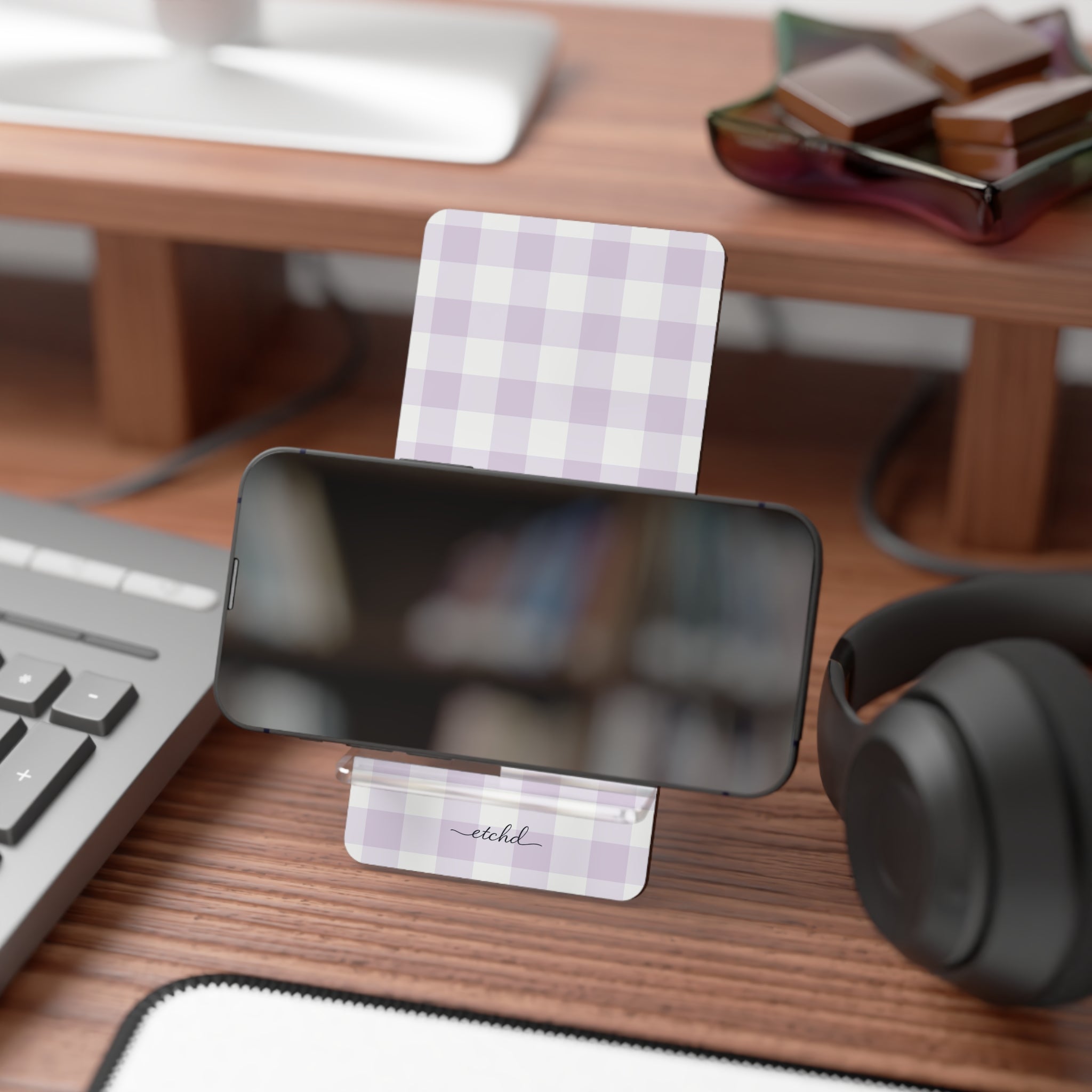 Lilac Gingham Phone Stand by etchd, view 4