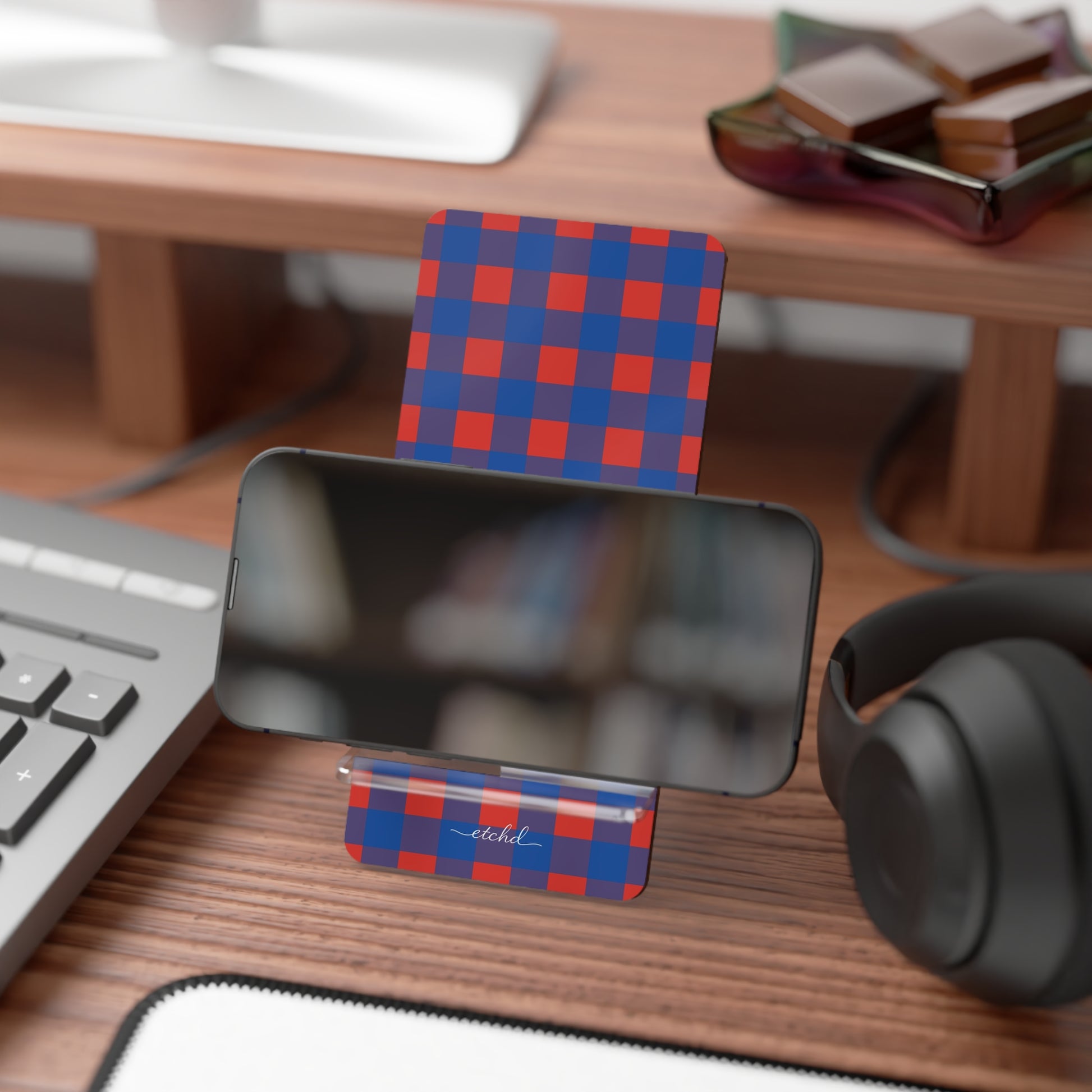Cobalt & Poppy Gingham Phone Stand by etchd, view 4