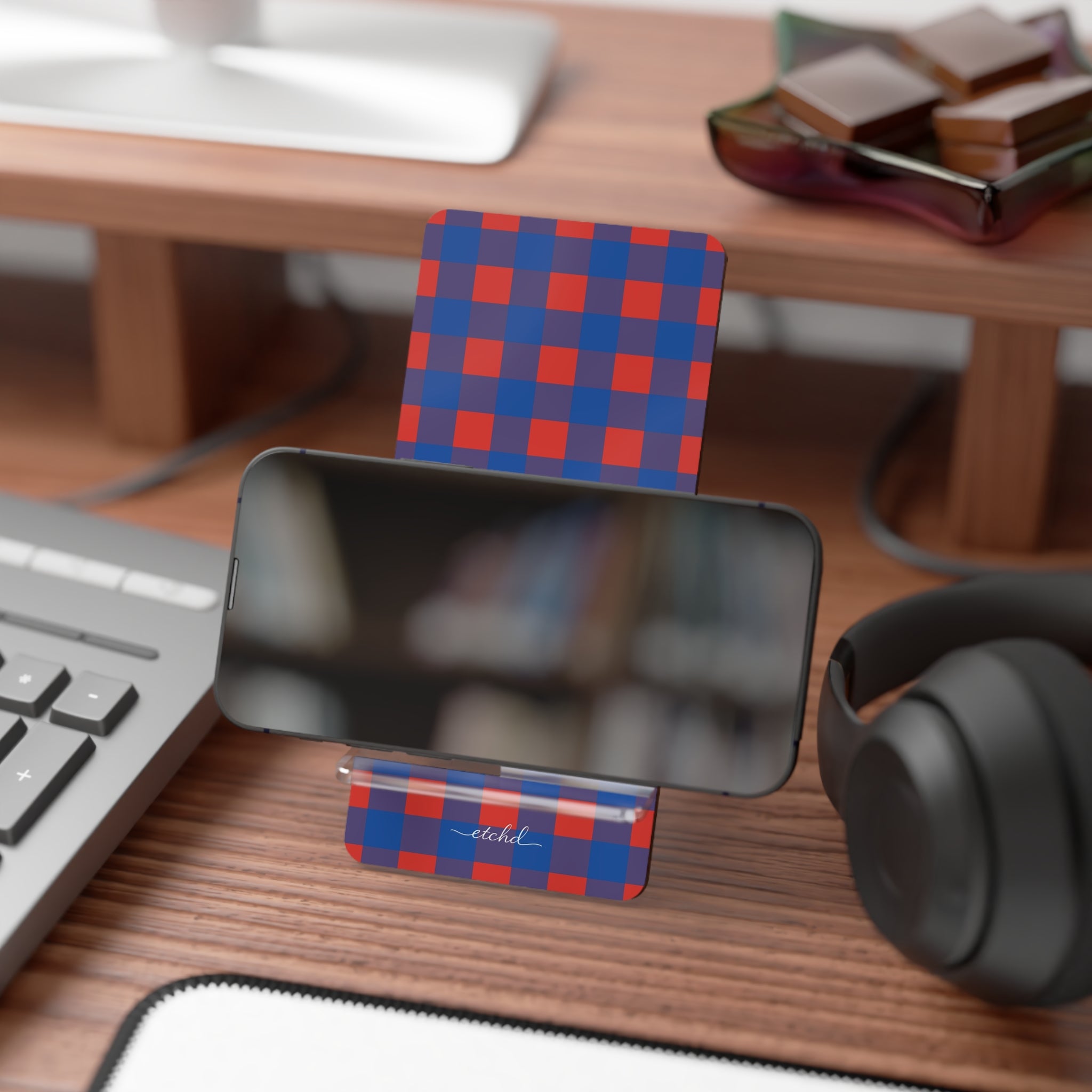 Cobalt & Poppy Gingham Phone Stand by etchd, view 4