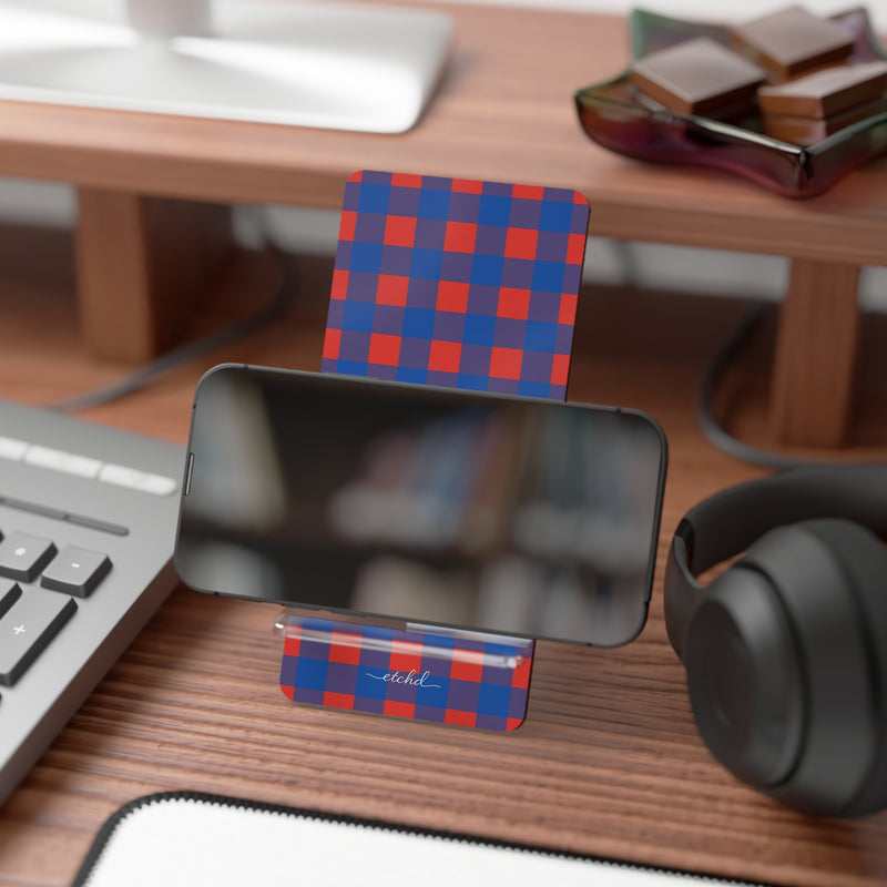 Cobalt & Poppy Gingham Phone Stand by etchd, view 4