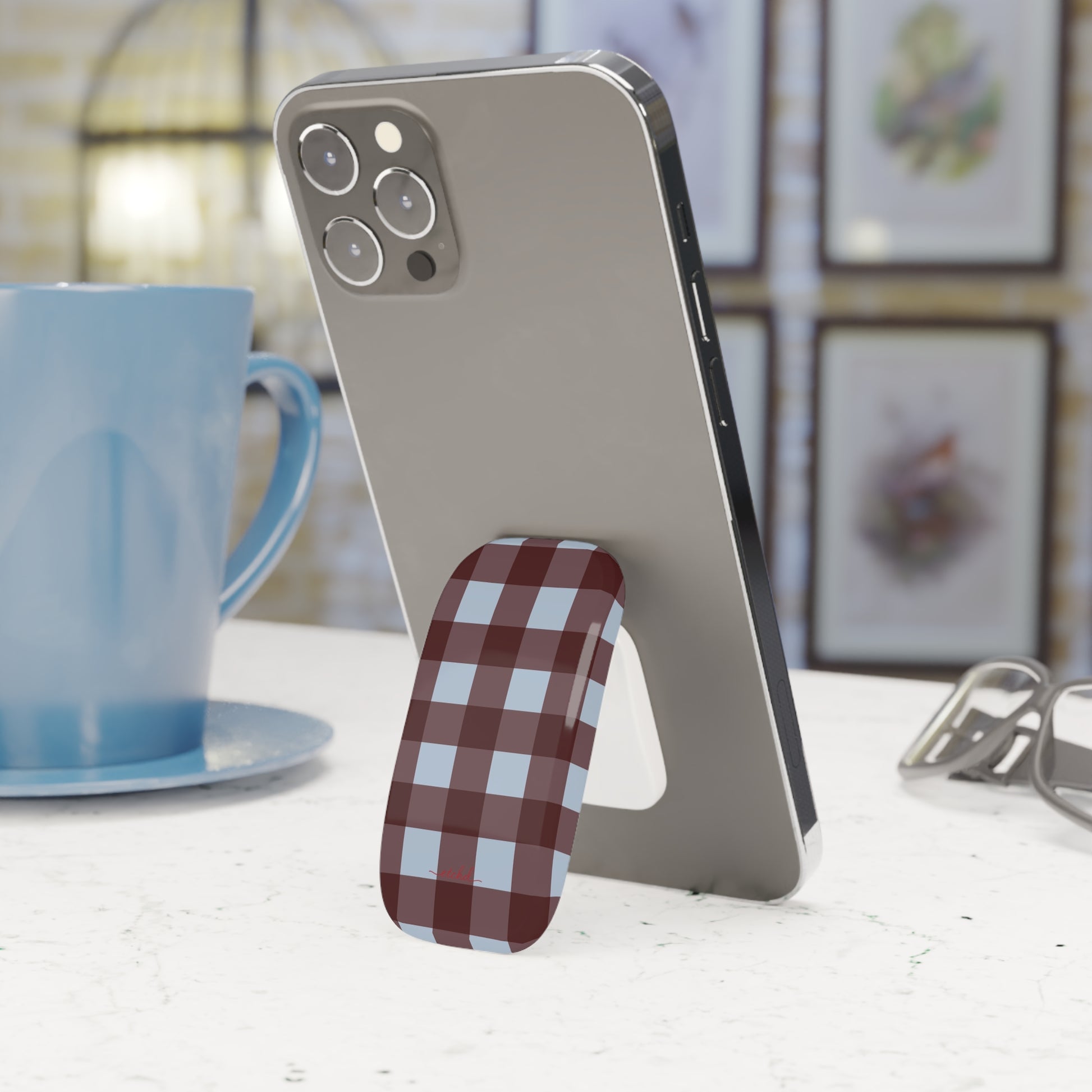 Blue & Cherry Gingham Click-On Phone Grip by etchd, view 3