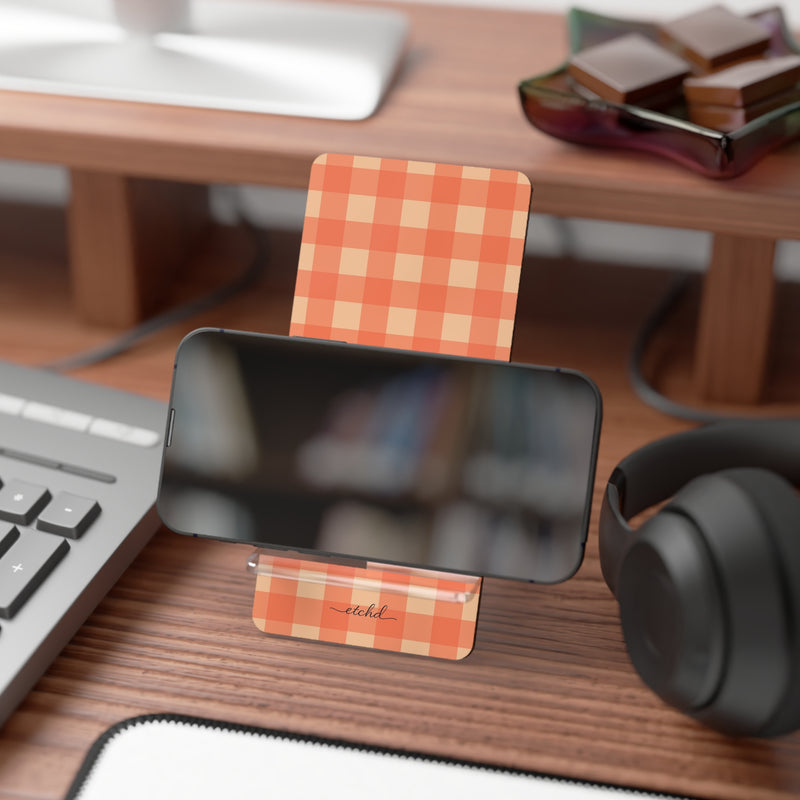 Coral & Peach Gingham Phone Stand by etchd, view 4