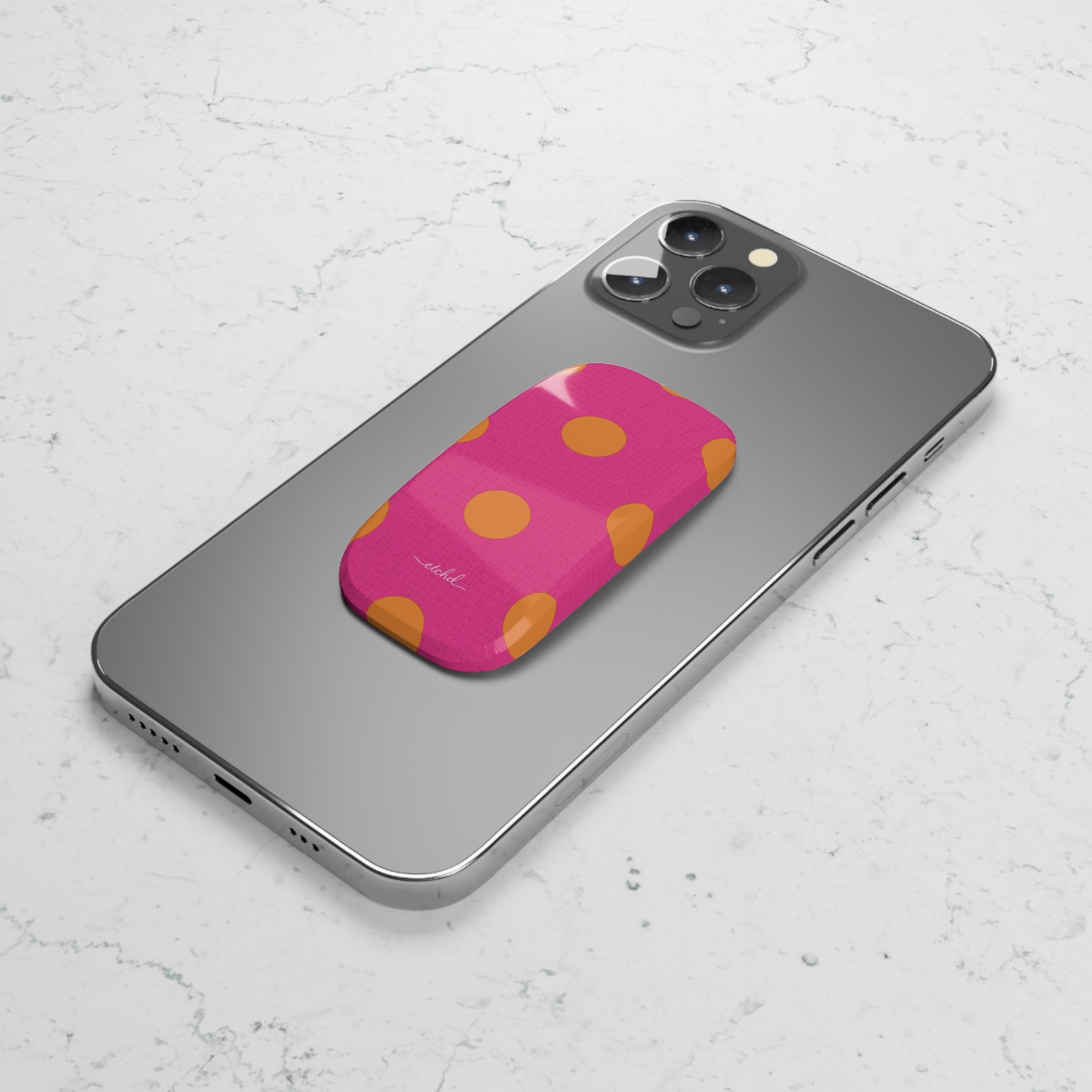 Orange And Pink Polka Dot Click-On Phone Grip by etchd, view 5