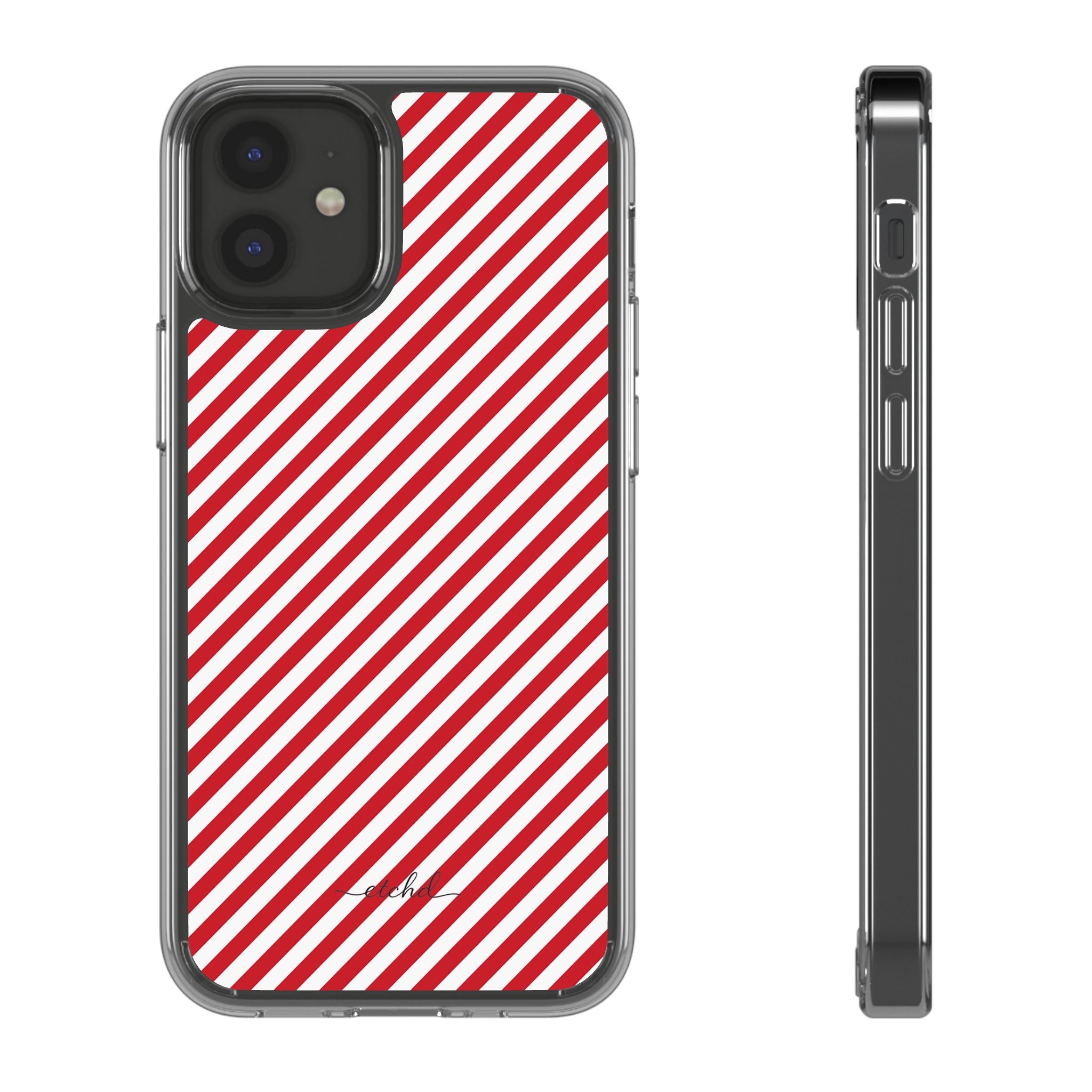 Classic Red & White Striped Diagonal Clear Phone Case by etchd, view 2