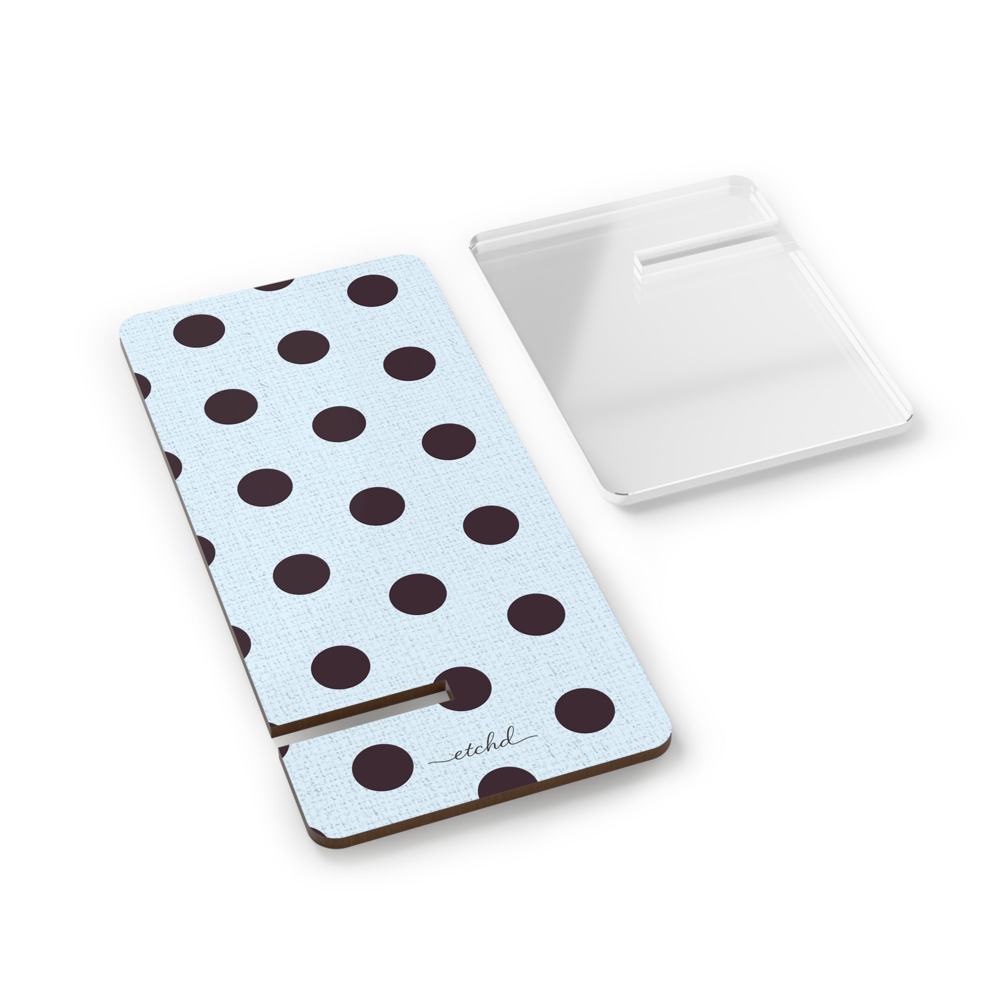 Plum And Blue Polka Dot Phone Stand by etchd, view 2