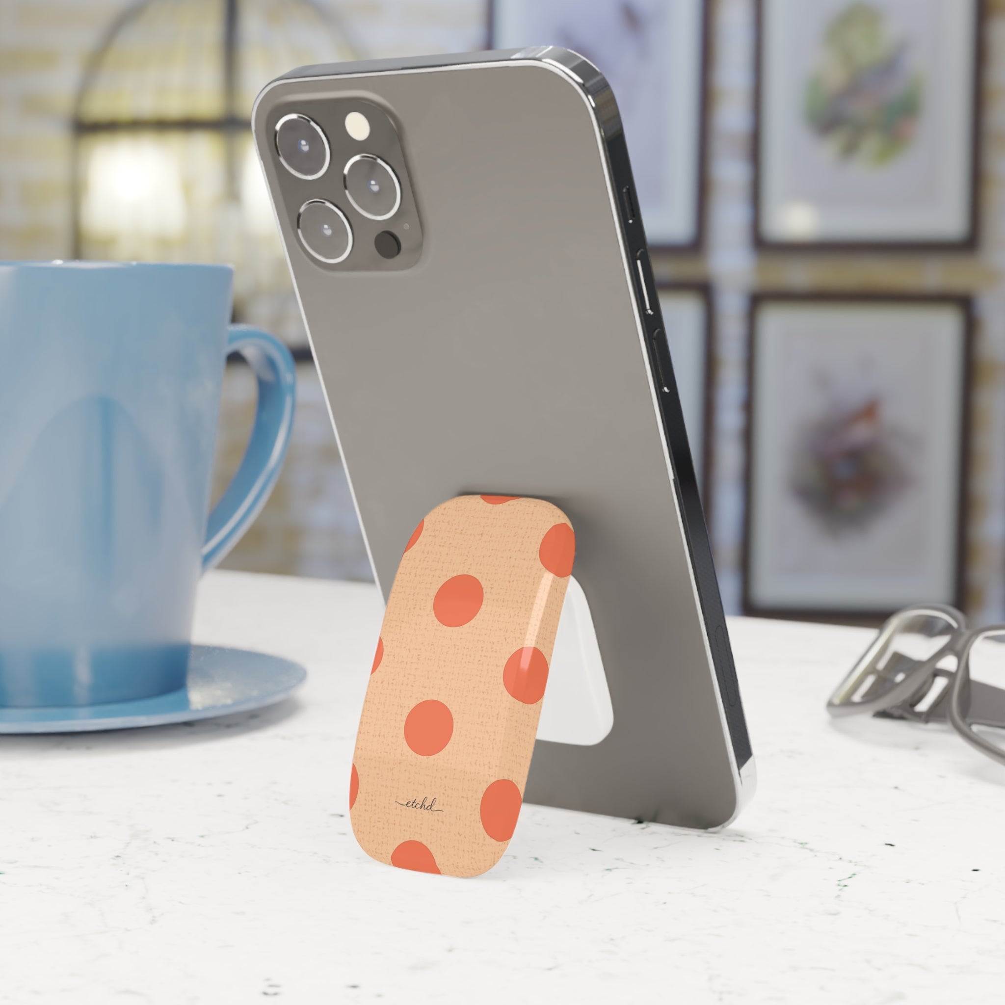 Coral And Peach Polka Dot Click-On Phone Grip by etchd, view 3