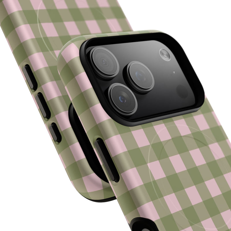 Green & Pink Gingham Magnetic Phone Case by etchd, view 100