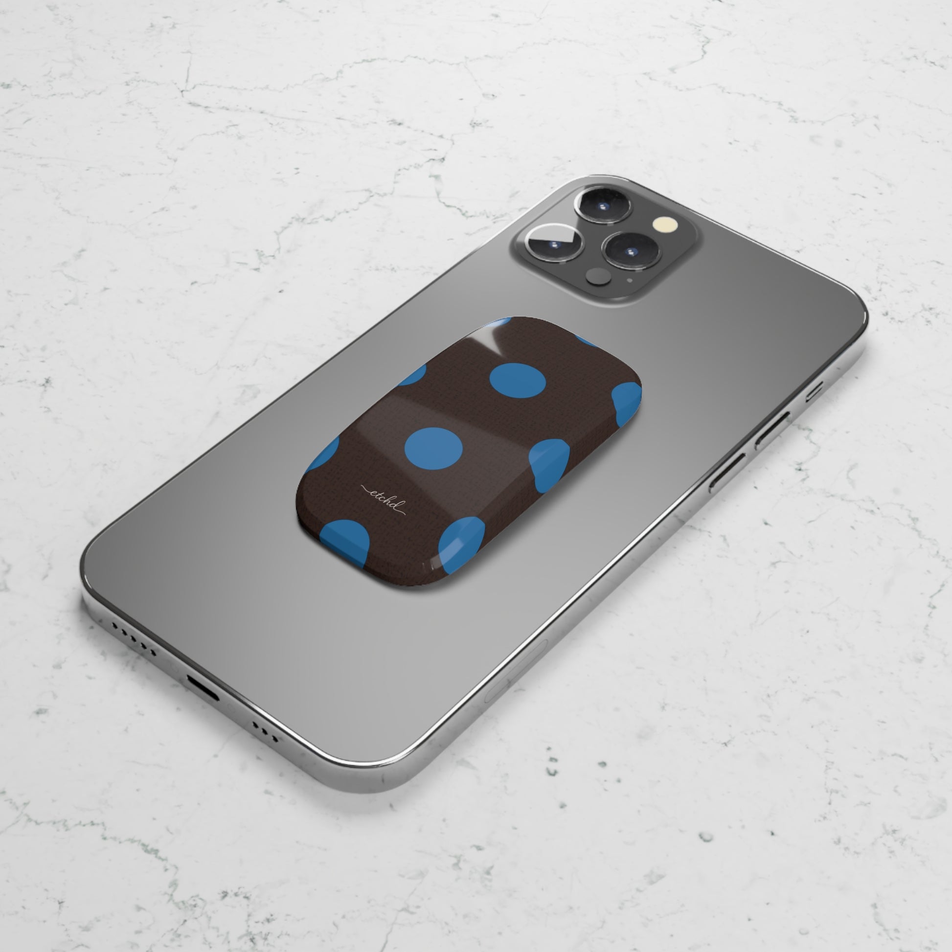 Cerulean & Espresso Polka Dot Click-On Phone Grip by etchd, view 5