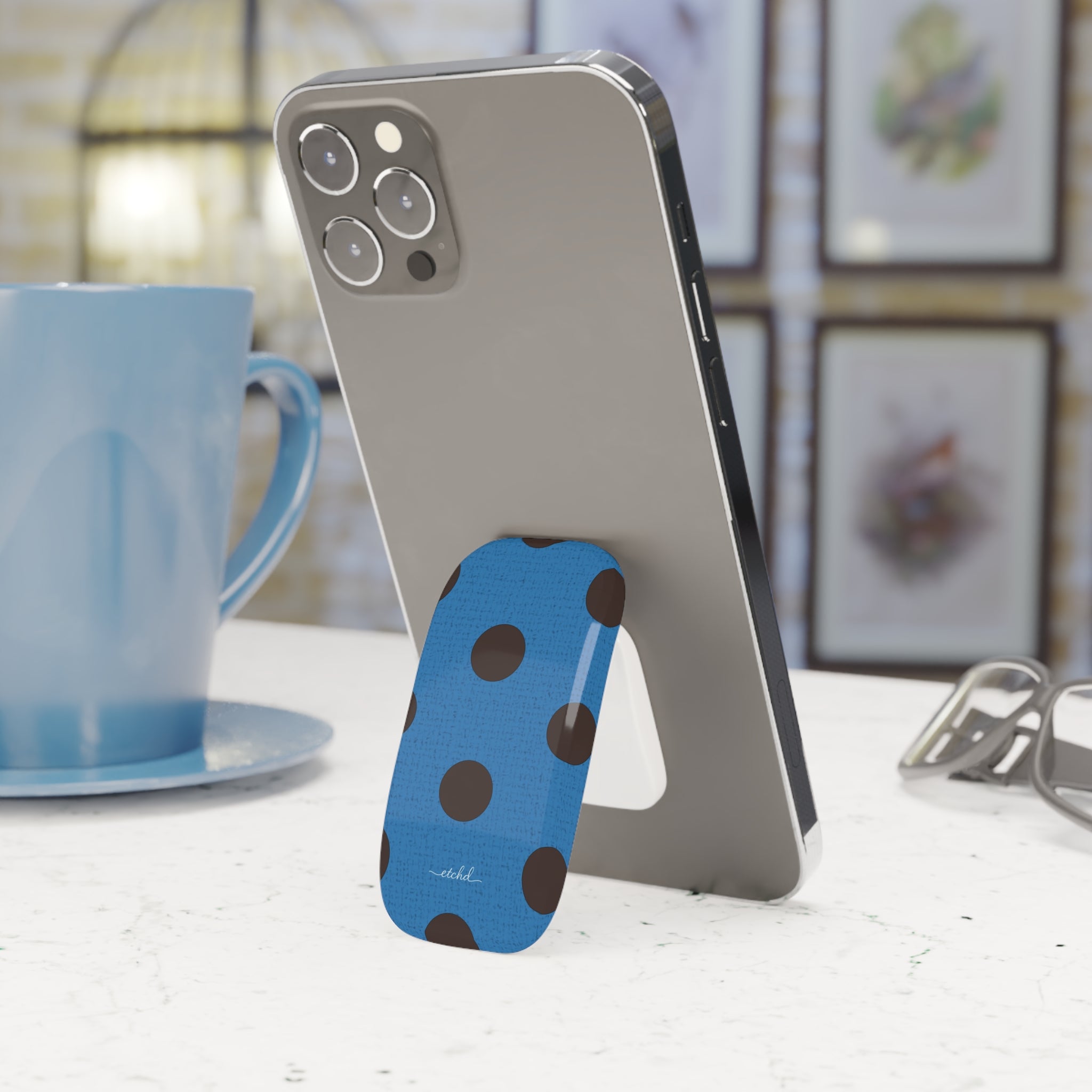 Espresso And Cerulean Polka Dot Click-On Phone Grip by etchd, view 3