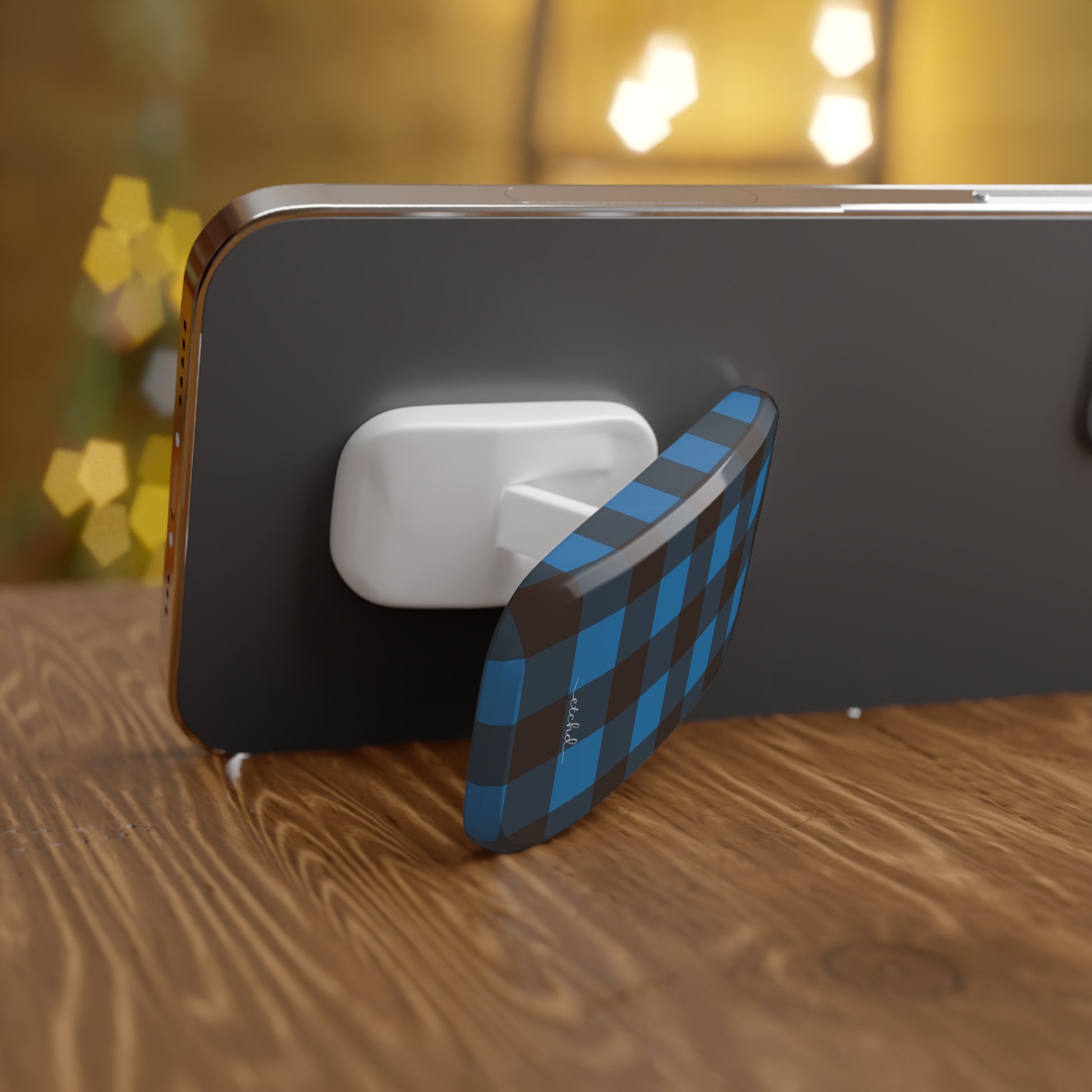 Cerulean & Espresso Gingham Click-On Phone Grip by etchd, view 4