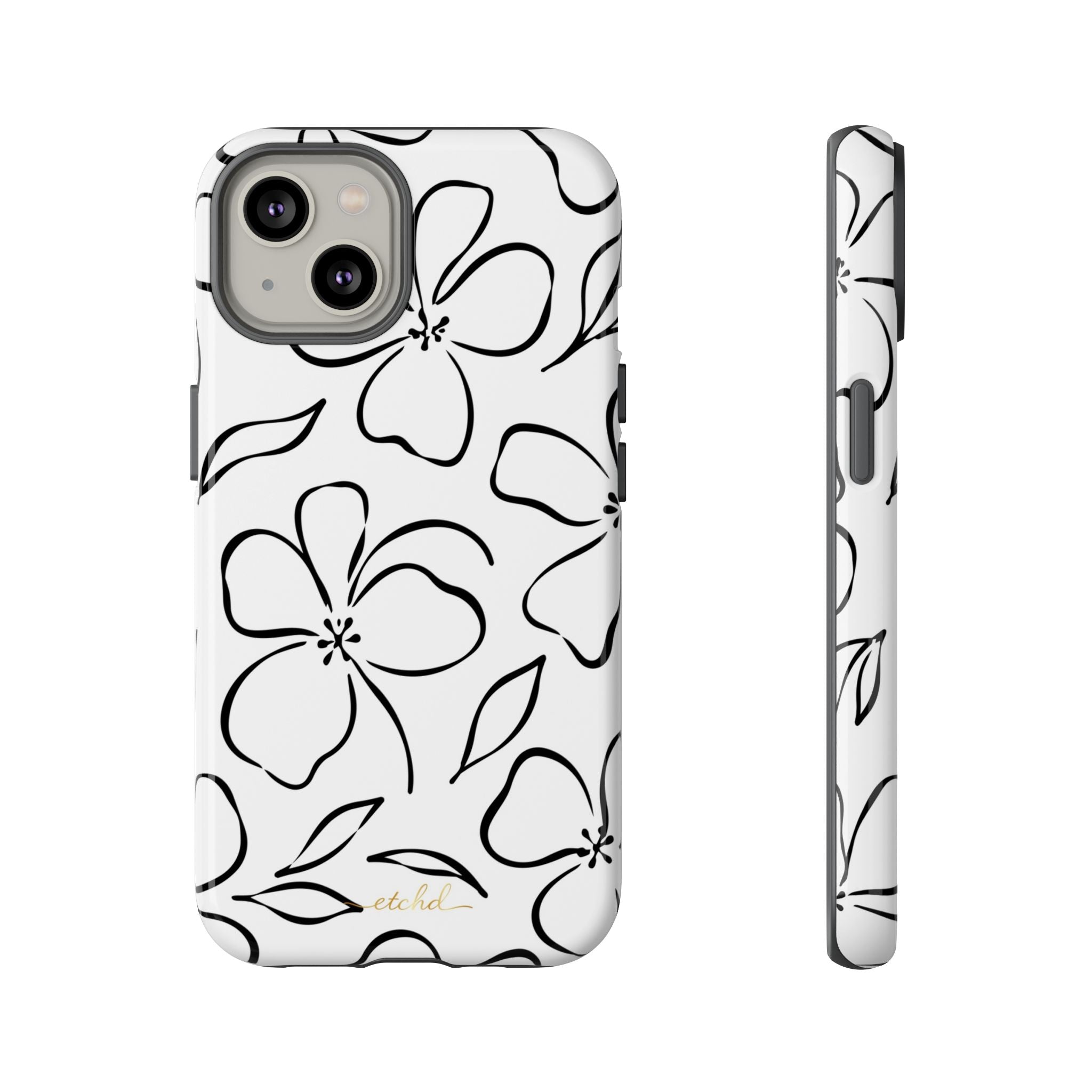 White & Black Floral Phone Case by etchd, view 2