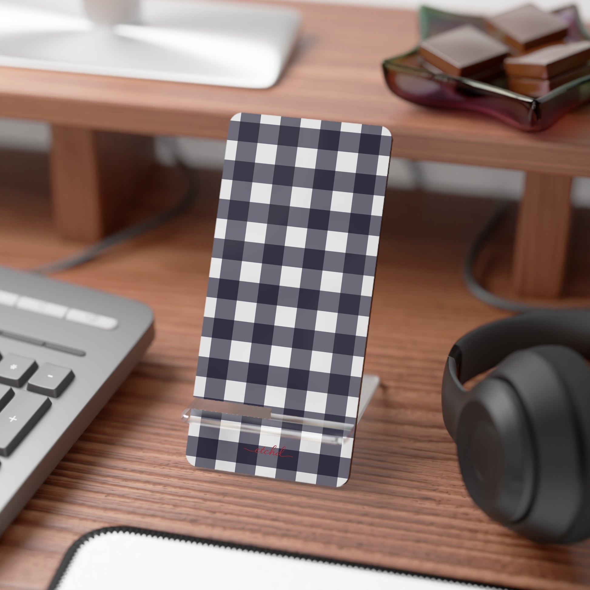 White & Navy Gingham Phone Stand by etchd, view 3