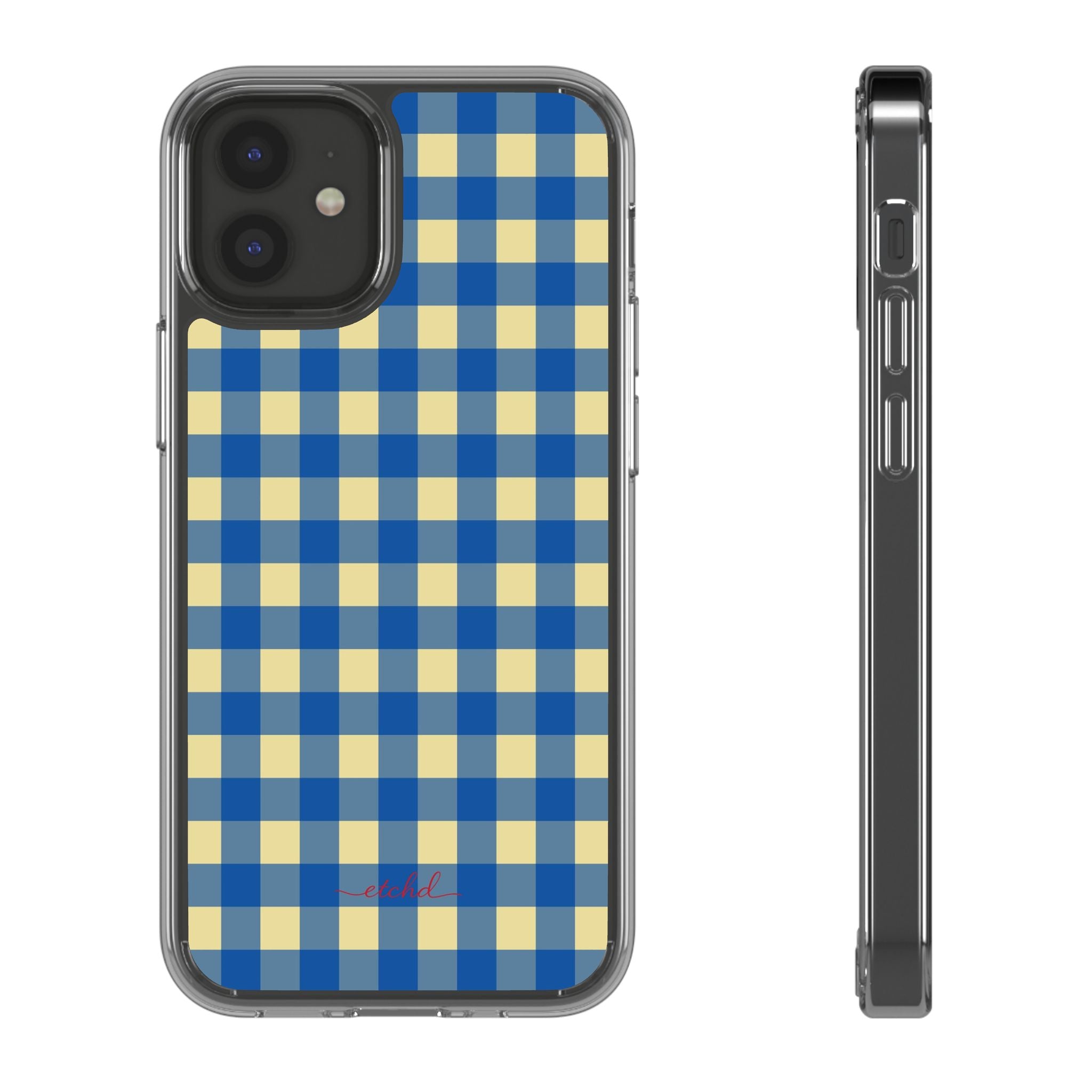 Butter & Cobalt Gingham Clear Phone Case by etchd, view 2
